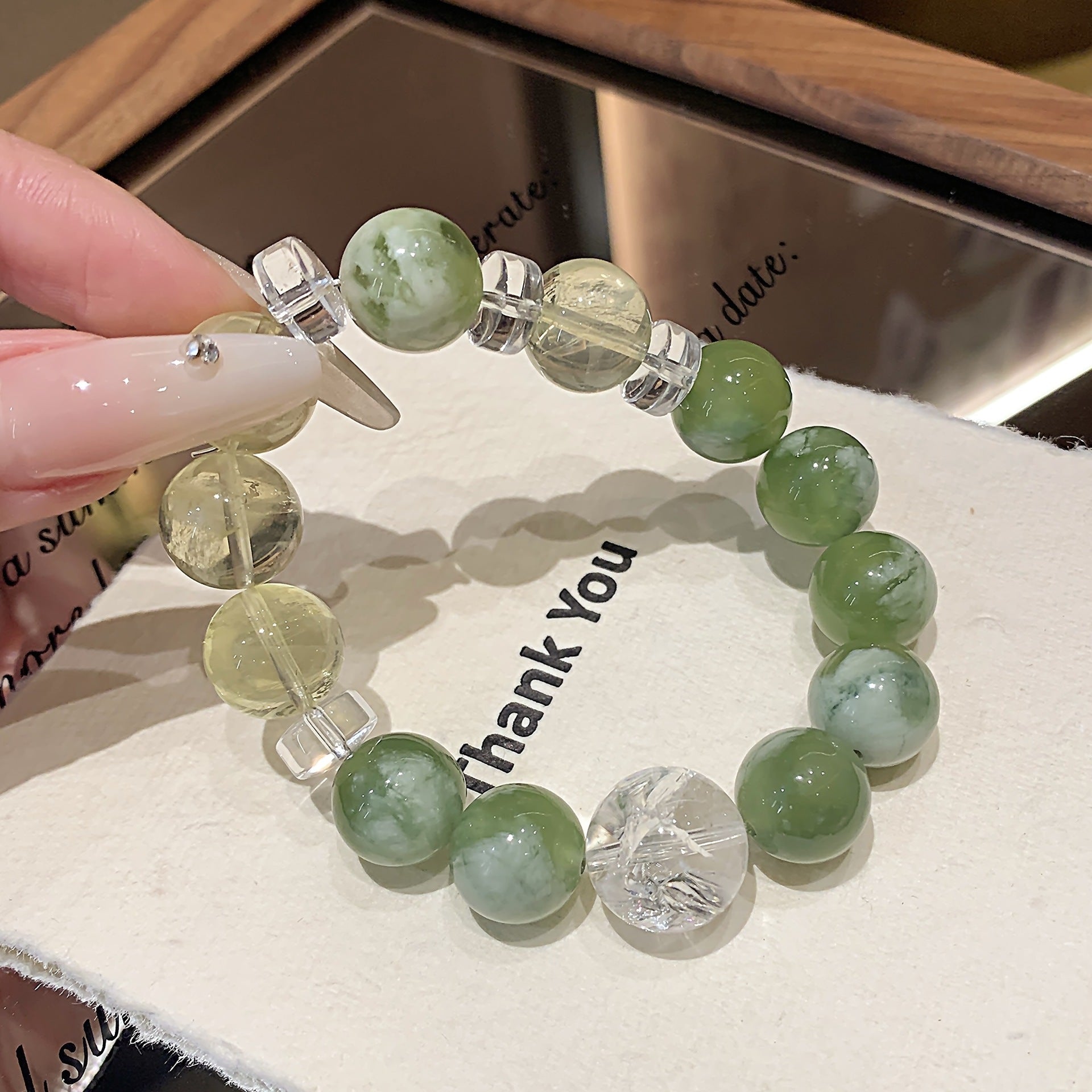 Natural Xiuyan Jade with White Crystal Large Size Bracelet Niche Design Gentle Temperament Style Hand Jewelry String Bracelet
