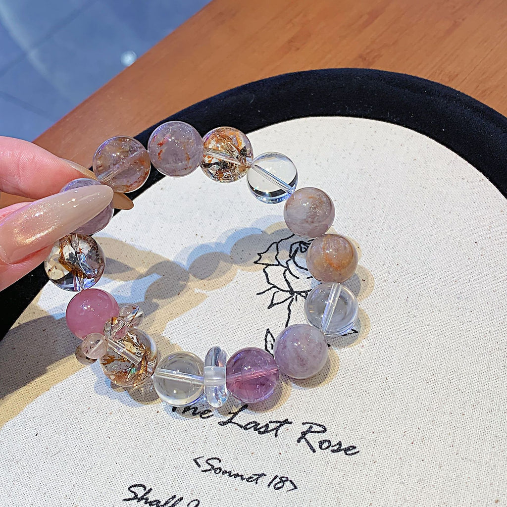 Natural Crystal Large Bead Bracelet Original Design Black Shining White Crystal Bracelet Fashionable High-End Bracelet