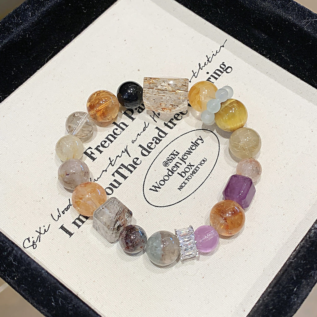 Natural Multi-Gemstone Crystal Bracelet Yi Nengjing Style Hair Crystal Super Seven Bracelet Design Black Gold Super Seven Bracelet