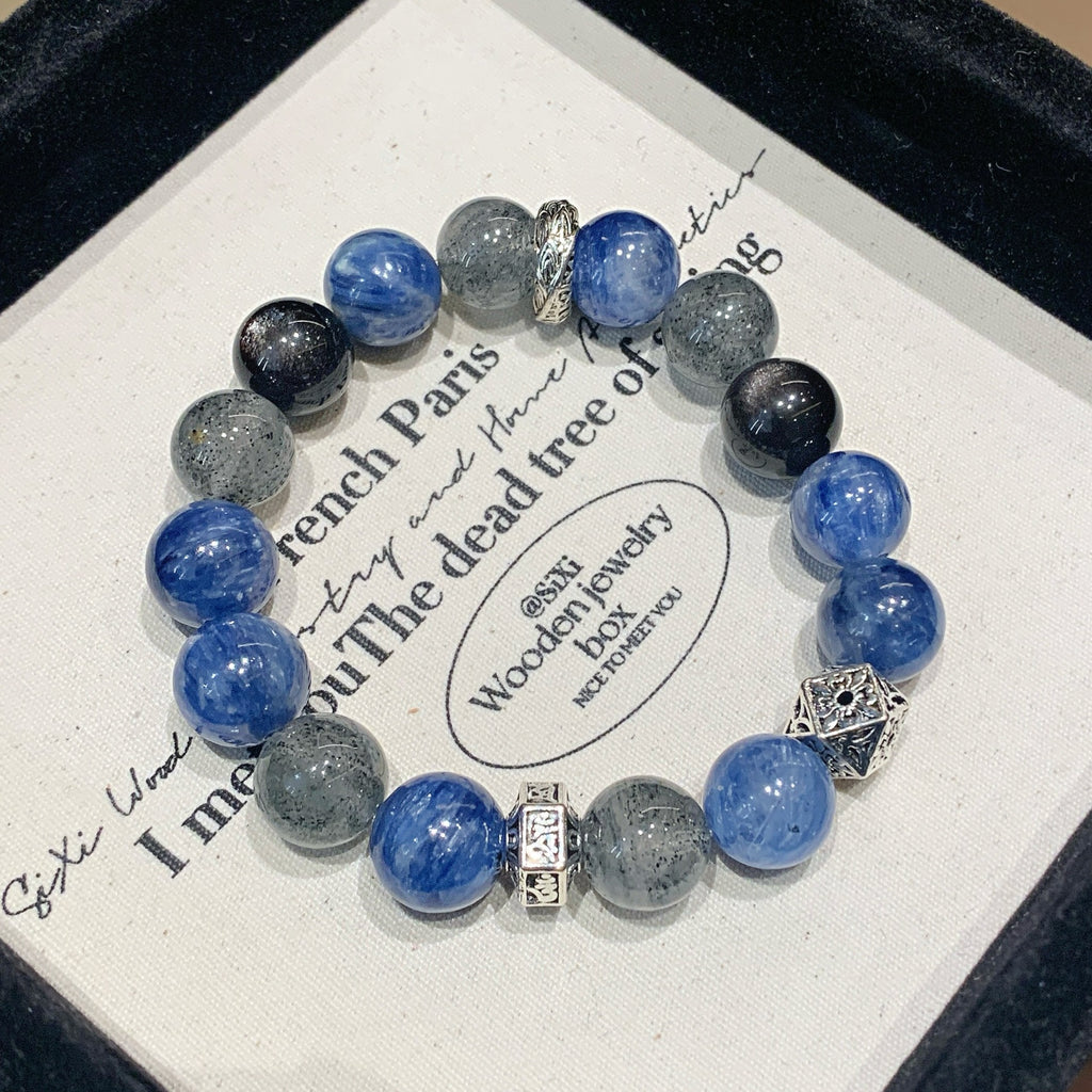 Van Gogh Starry Sky Kyanite Crystal Bracelet Natural Blue Crystal Stone Round Bead Bracelet Niche Exquisite Fashion Bracelet