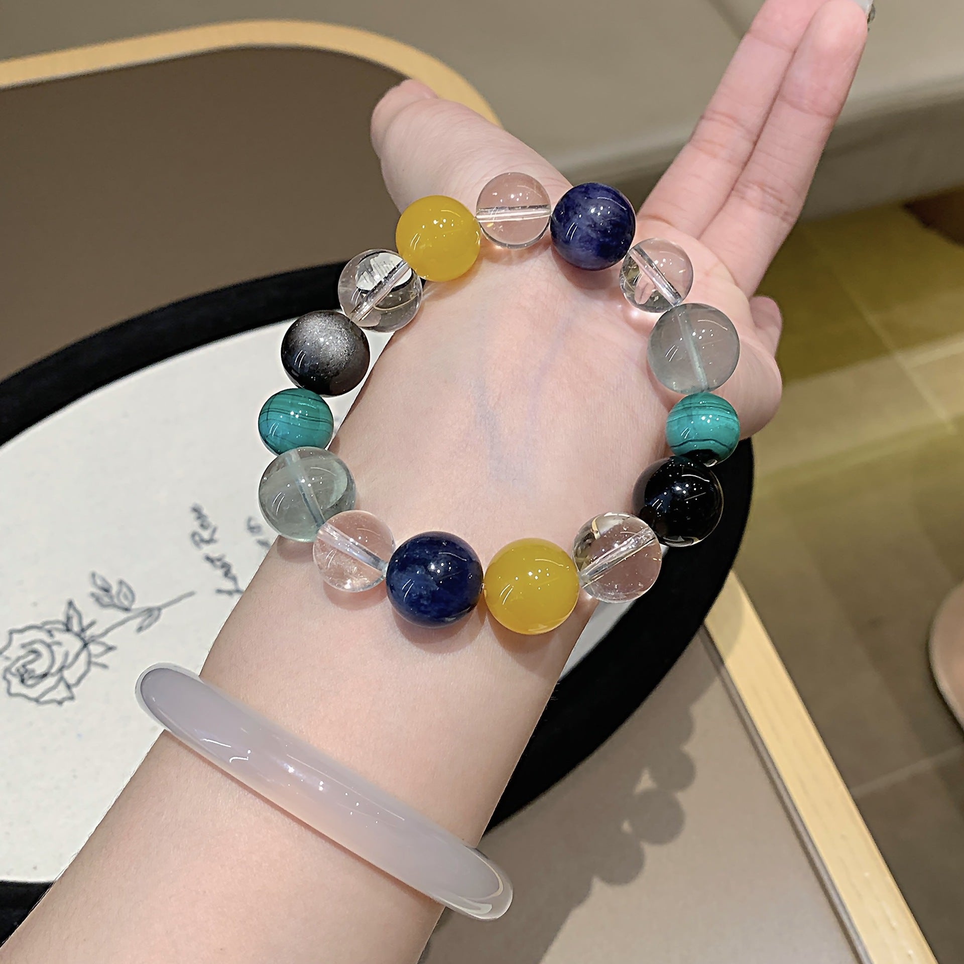 Large Natural Stone Bracelet Moonstone Citrine Tiger Eye Purple Phantom White Crystal Multi-Gem Bracelet Crystal Bracelet