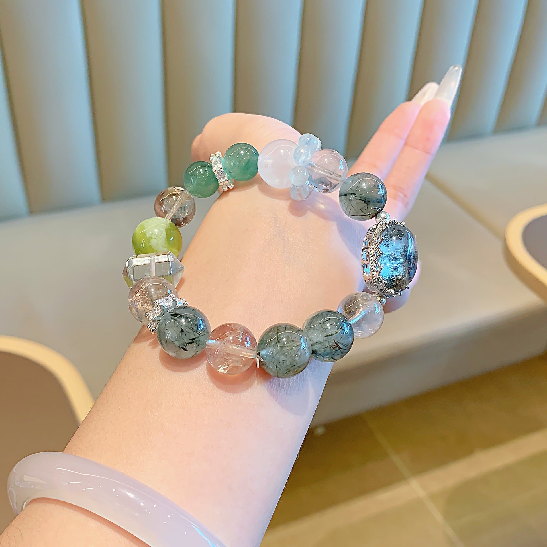 Natural Green Rutilated Quartz Bracelet Black Gold Ultra White Ghost White Crystal Freeform Design Model Tourmaline Green Hair Crystal Bracelet