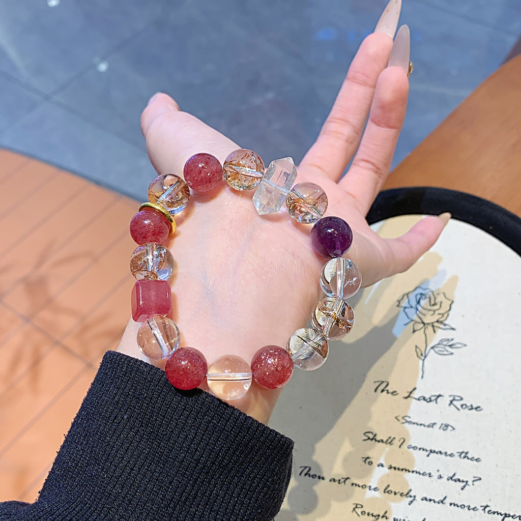 Natural Strawberry Crystal Multi-Gemstone Bracelet Fashionable Original Niche Design Exquisite Versatile High-End Feel Hand Jewelry