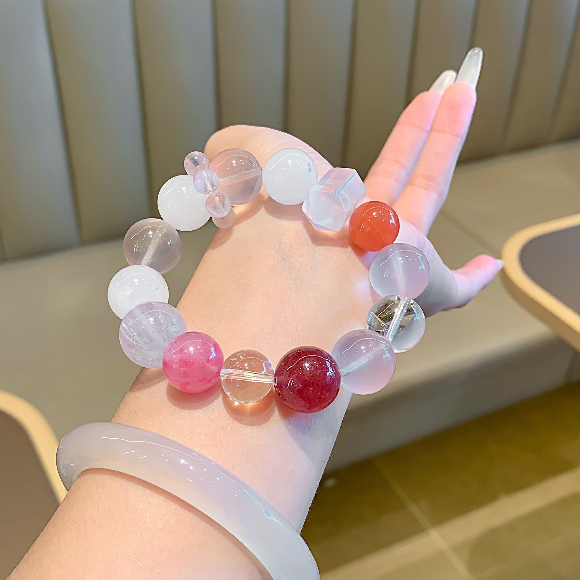 【Lychee Milk Tea】Natural Rose Quartz Gentle Healing Sunstone Original Milk Tea Color Milky White Quartz Bracelet Gift for Girlfriend