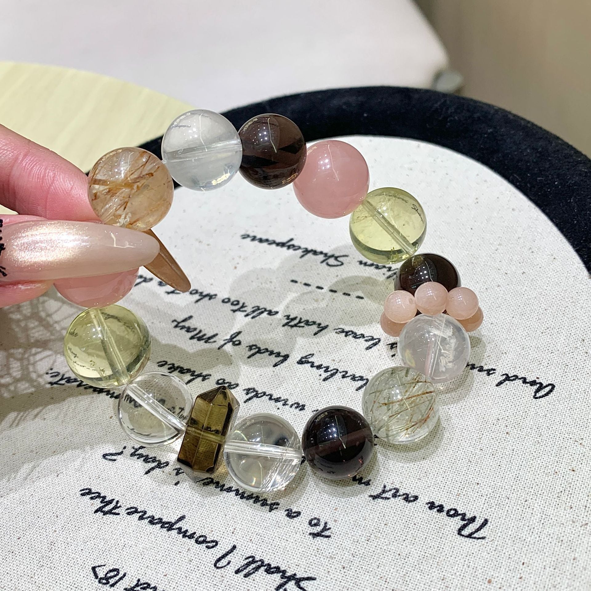 【Green Shadow】Original Natural Rose Quartz Tea Obsidian Lemon Quartz Vintage Design Bracelet Fashion Niche Women's Style