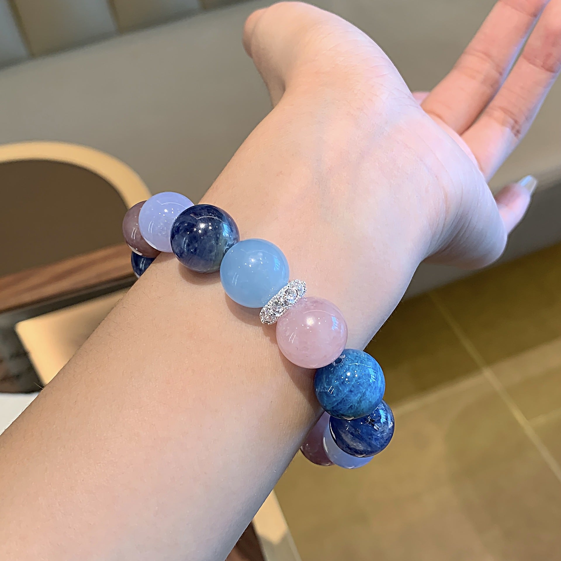 Natural Crystal Round Bead Multi-Gem Bracelet Creative Hand Jewelry Chain Matching Combination Energy Stone Aquamarine Crystal Bracelet