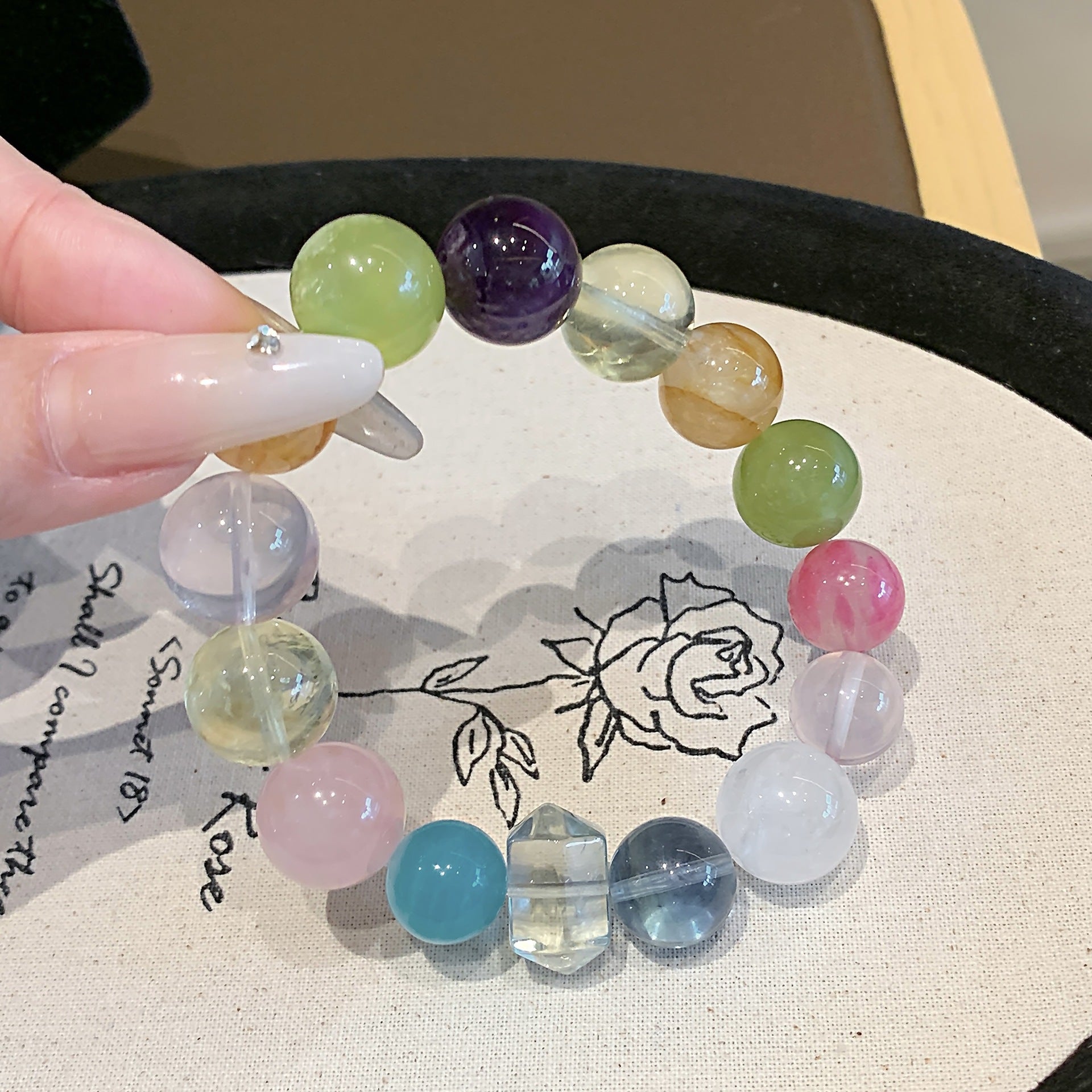 Five Elements Crystal Bracelet Natural Crystal Multi-Gemstone Bracelet Original Design Pink Crystal Lacquer Intangible Cultural Heritage Crystal Bracelet