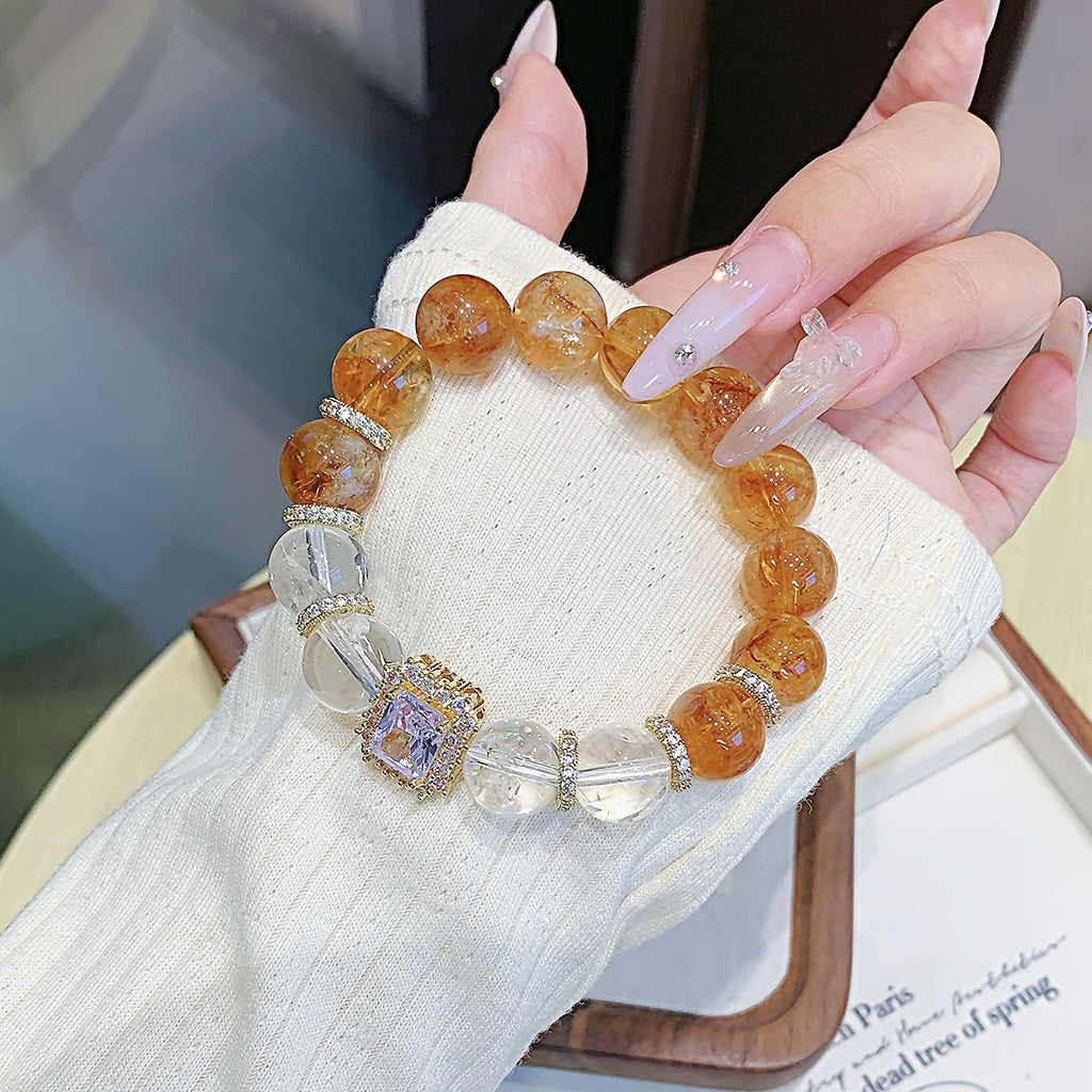Natural Yellow Pagoda Crystal Round Bead Single Strand Bracelet Fortune-Attracting Niche Simple Two-Tone Bracelet Versatile Jewelry Bracelet for Gifts