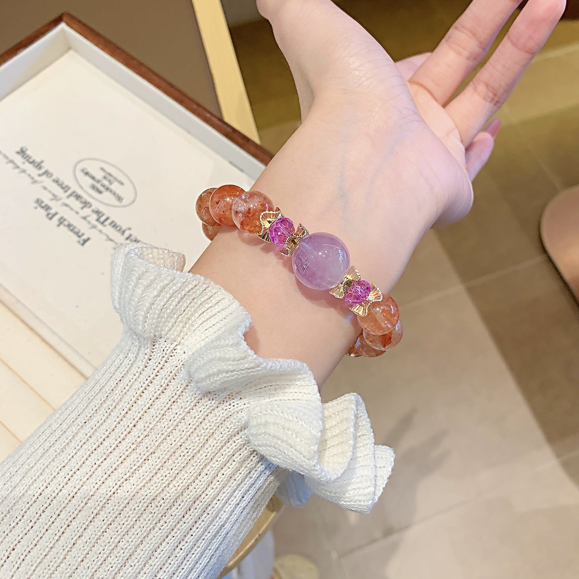 Red Gum Flower Crystal Beaded Bracelet Hand Jewelry Light Luxury Niche Exquisite Wealth-Attracting Bracelet Elegant Internet Celebrity Crystal Bracelet