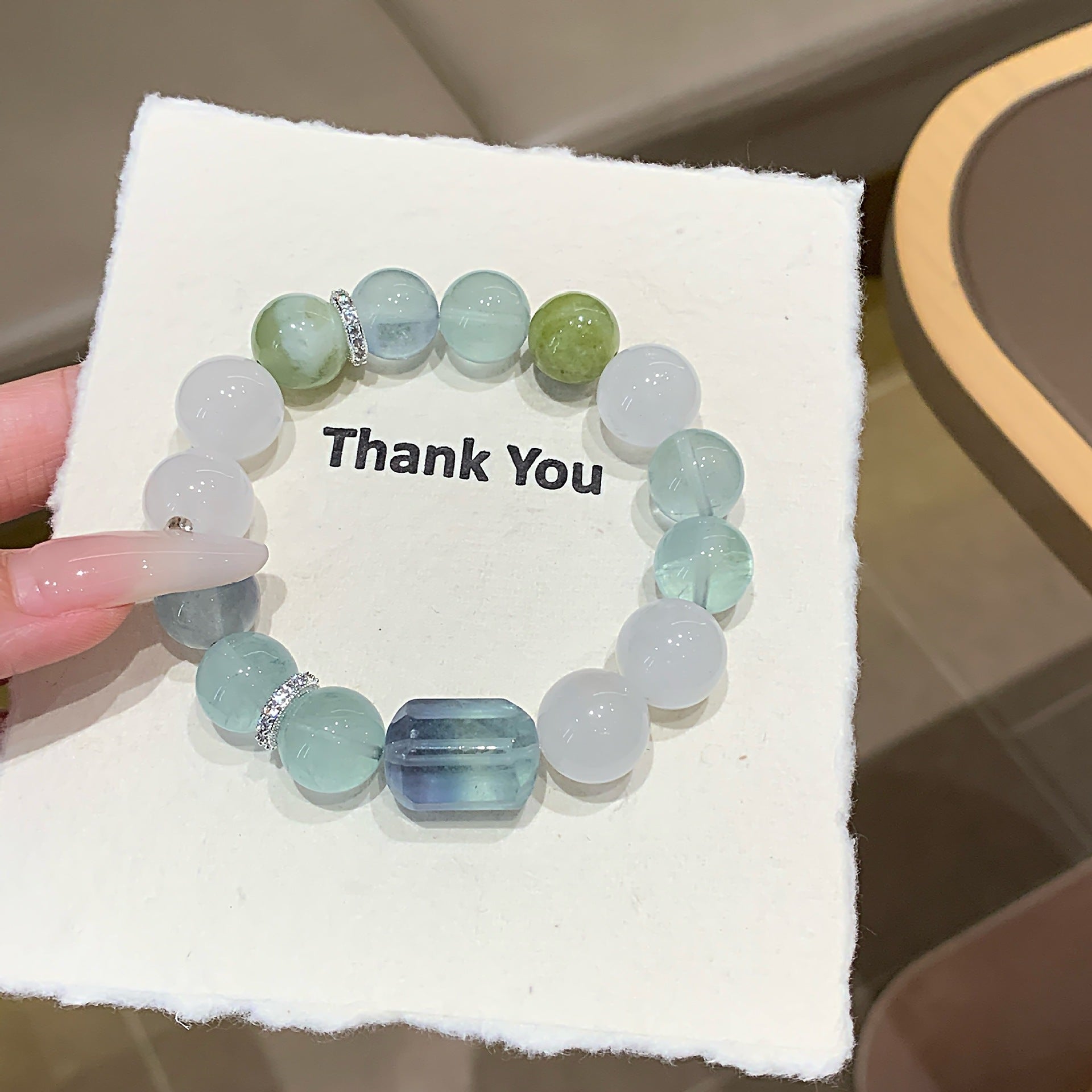 Natural Crystal Bracelet Original Design White Phantom Crystal with Xiuyan Jade Green Fluorite Natural Crystal Bracelet