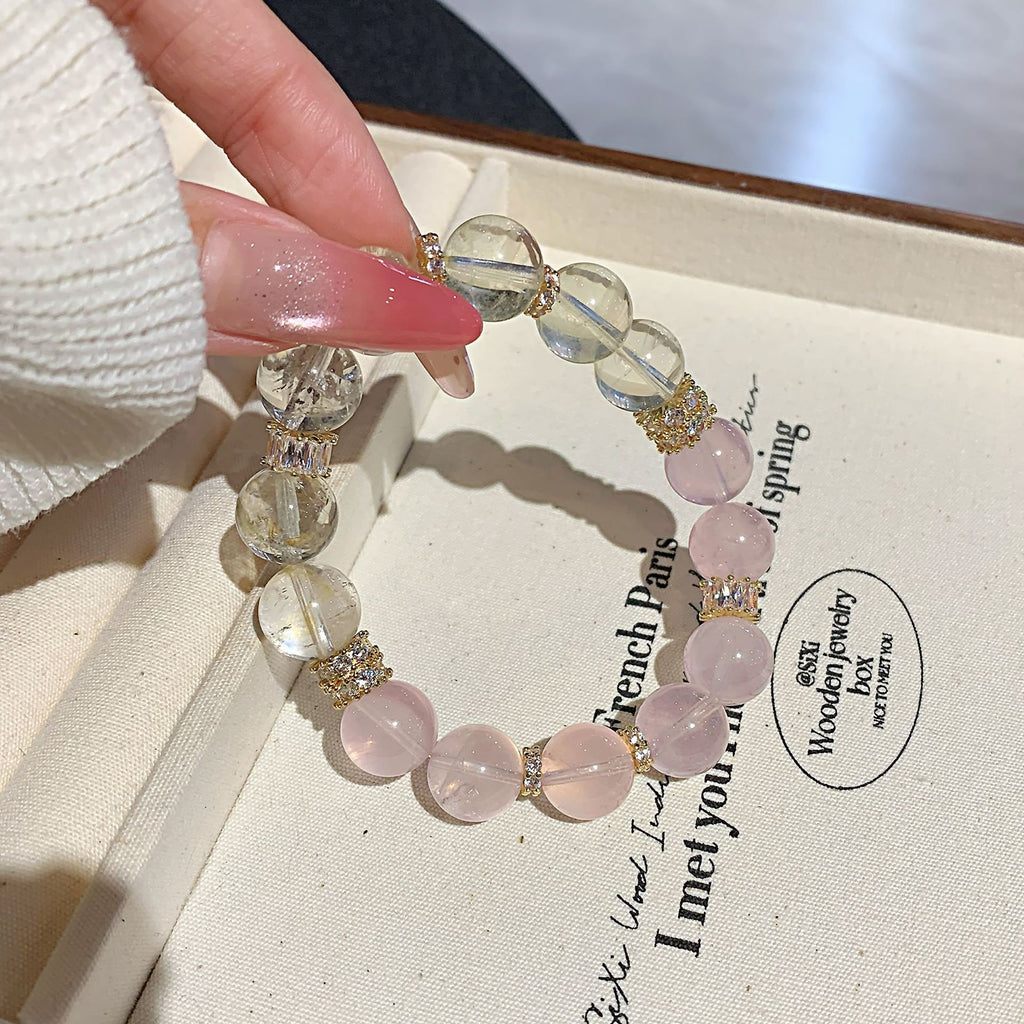 Natural Pink Crystal Bracelet White Crystal Bracelet Lucky Charm Peach Blossom Birthday Gift for Best Friend Crystal Chain Bracelet