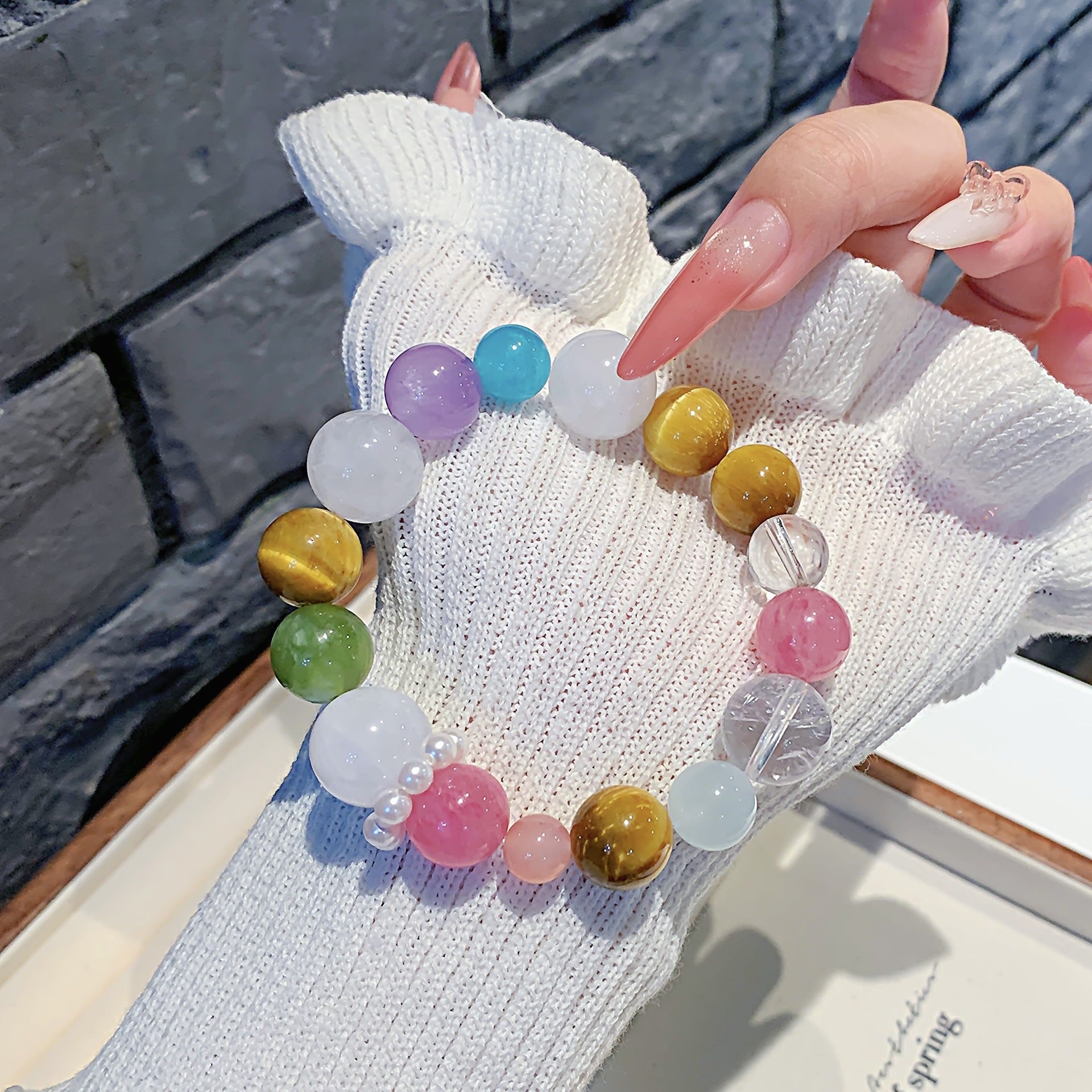 Rainbow Multi-Gemstone Crystal Bracelet Yellow Tiger Eye Natural Raw Stone Dopamine Bracelet for Women Original Design Crystal Bracelet