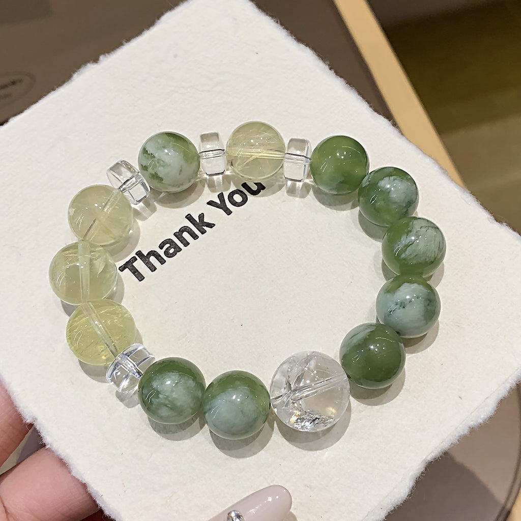 Natural Xiuyan Jade with White Crystal Large Size Bracelet Niche Design Gentle Temperament Style Hand Jewelry String Bracelet