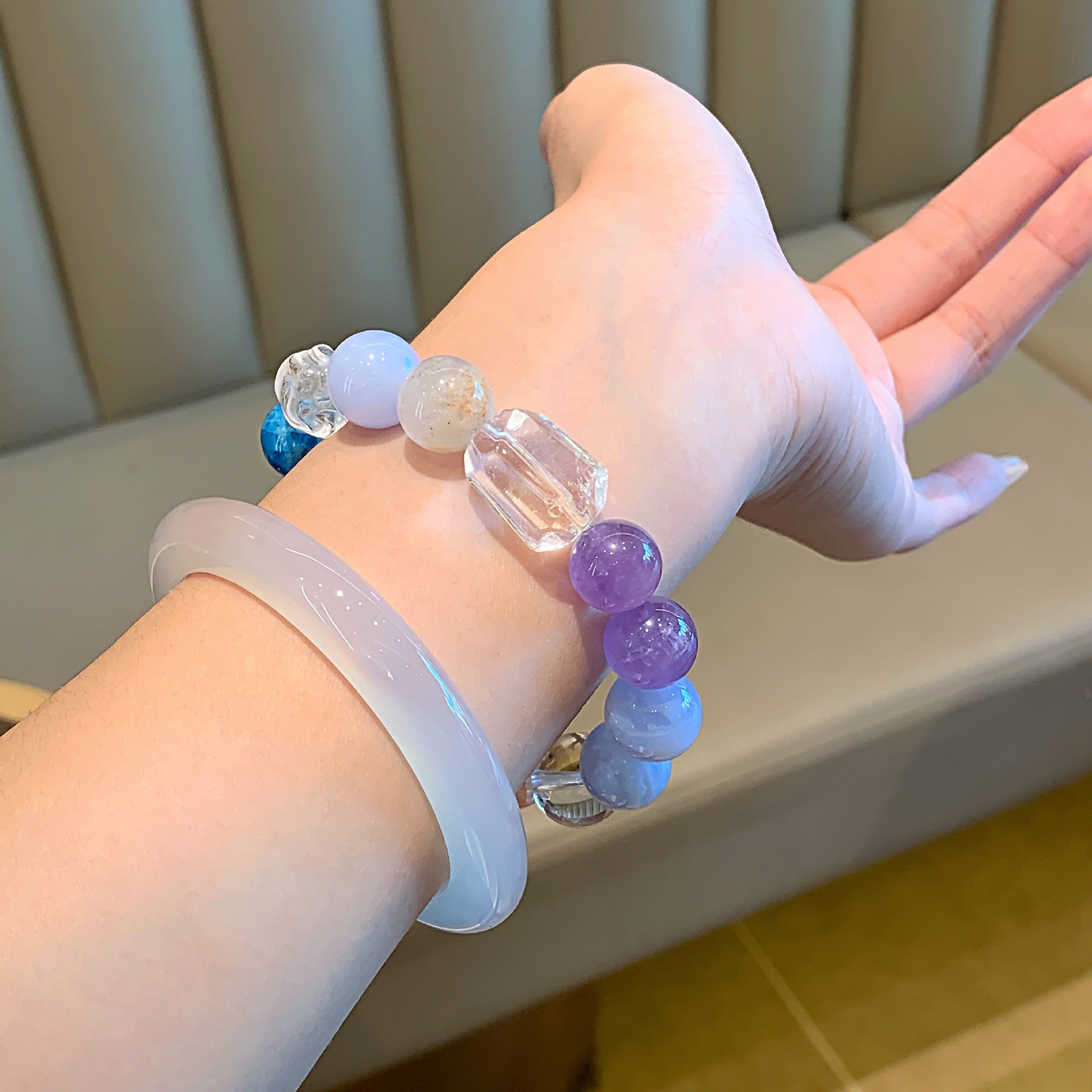 Natural Multi-Gemstone Crystal Bracelet Yellow Gum Flower Matching Blue Vein Agate Crystal Bracelet Jewelry Blue Veined Agate Bracelet