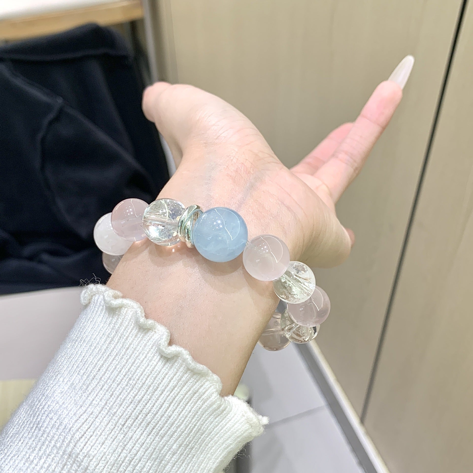 Original Design Natural Starlight Pink Crystal White Crystal Bracelet Bracelet Paired with Aquamarine Top Bead Crystal Bracelet