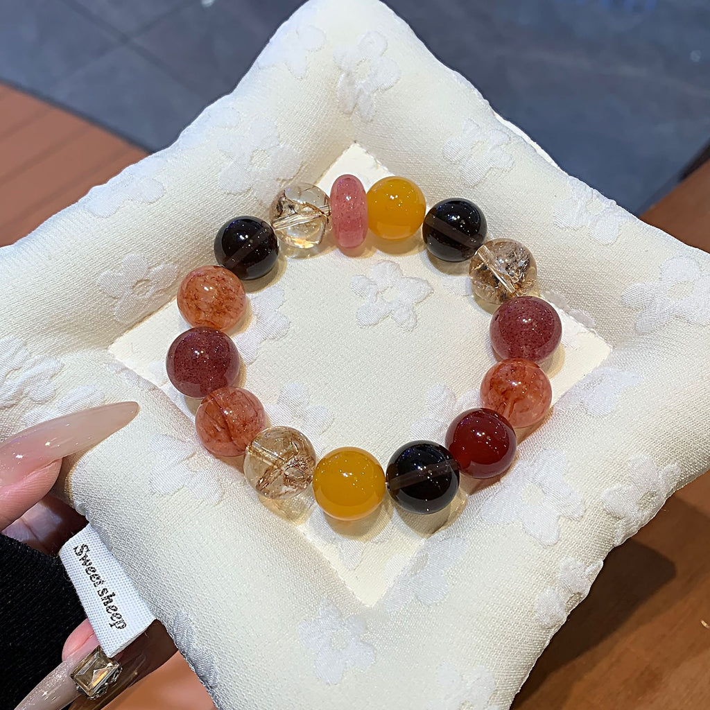 【Magnolia】Original Natural Strawberry Crystal with Gold Leaf Explosion Design Handmade Jewelry String Fashionable and Exquisite Bracelet