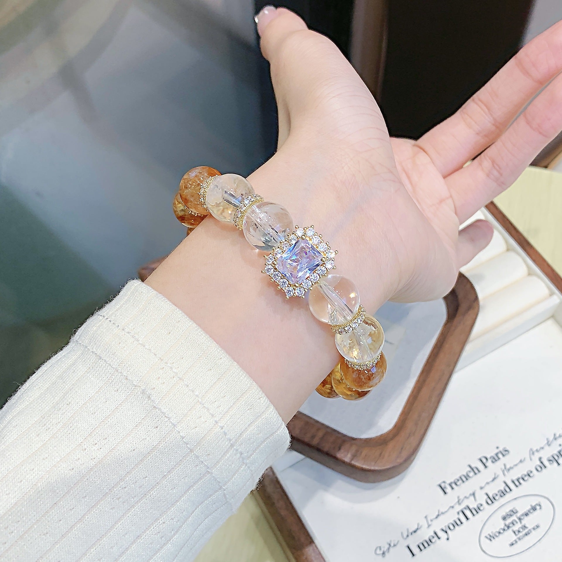 Natural Yellow Pagoda Crystal Round Bead Single Strand Bracelet Fortune-Attracting Niche Simple Two-Tone Bracelet Versatile Jewelry Bracelet for Gifts