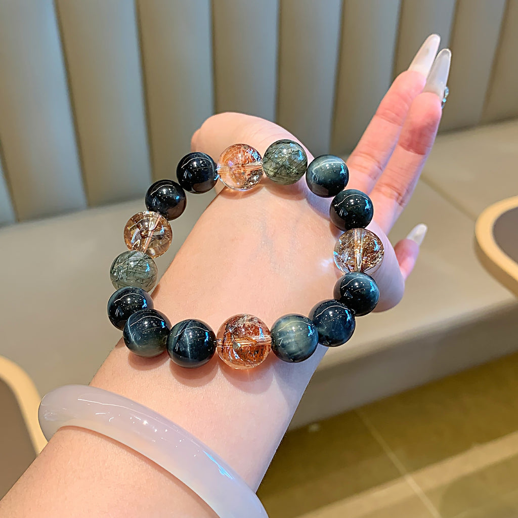 Natural Gold Leaf Explosion Bracelet Devil Silver Hair Black Silver Obsidian Multi-Gem Wealth-Attracting Gift Gold Foil Explosion Bracelet