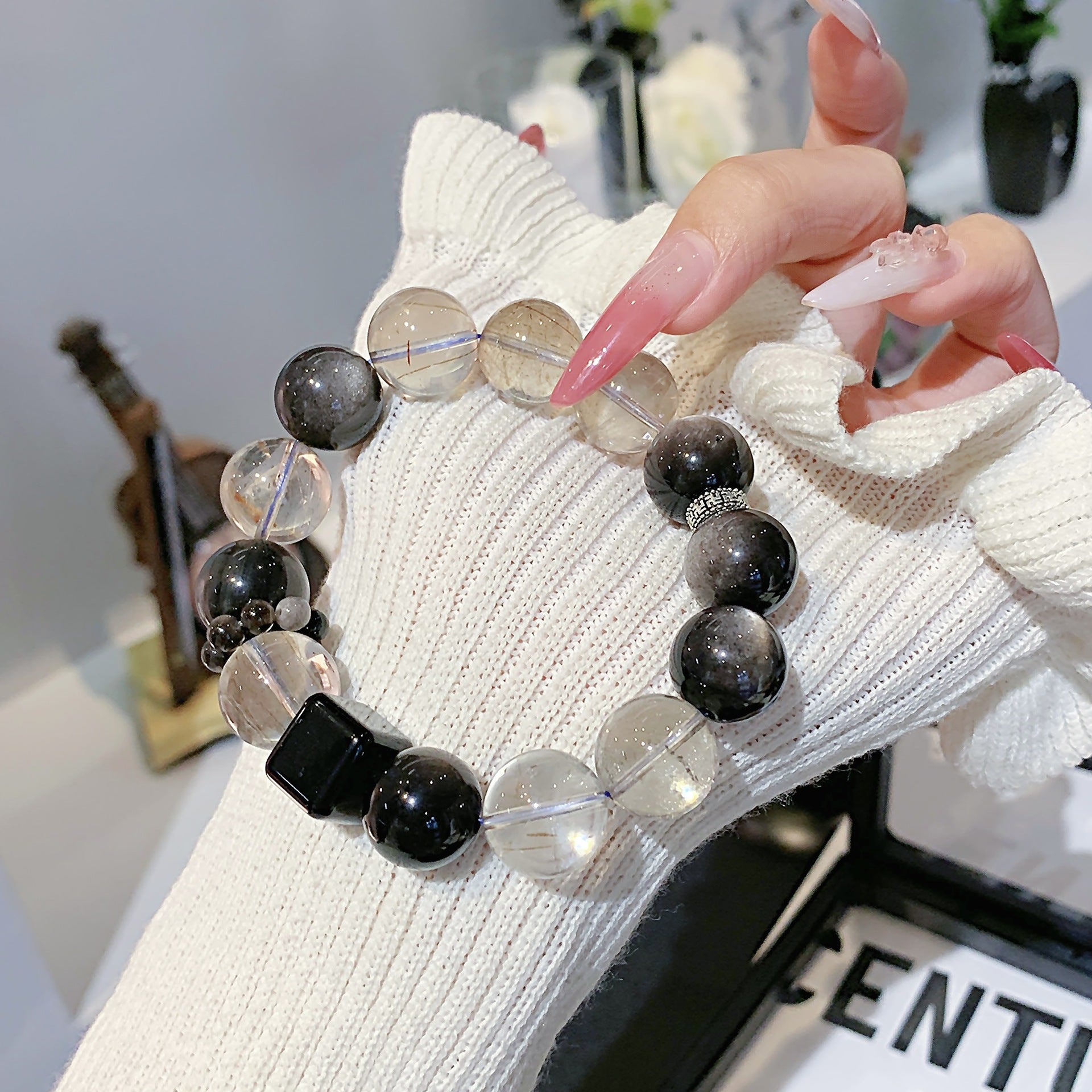 Natural Crystal Silver Crystal Design Bracelet Large Particle Smoky Quartz Crystal Bracelet Crystal Hand Jewelry diy