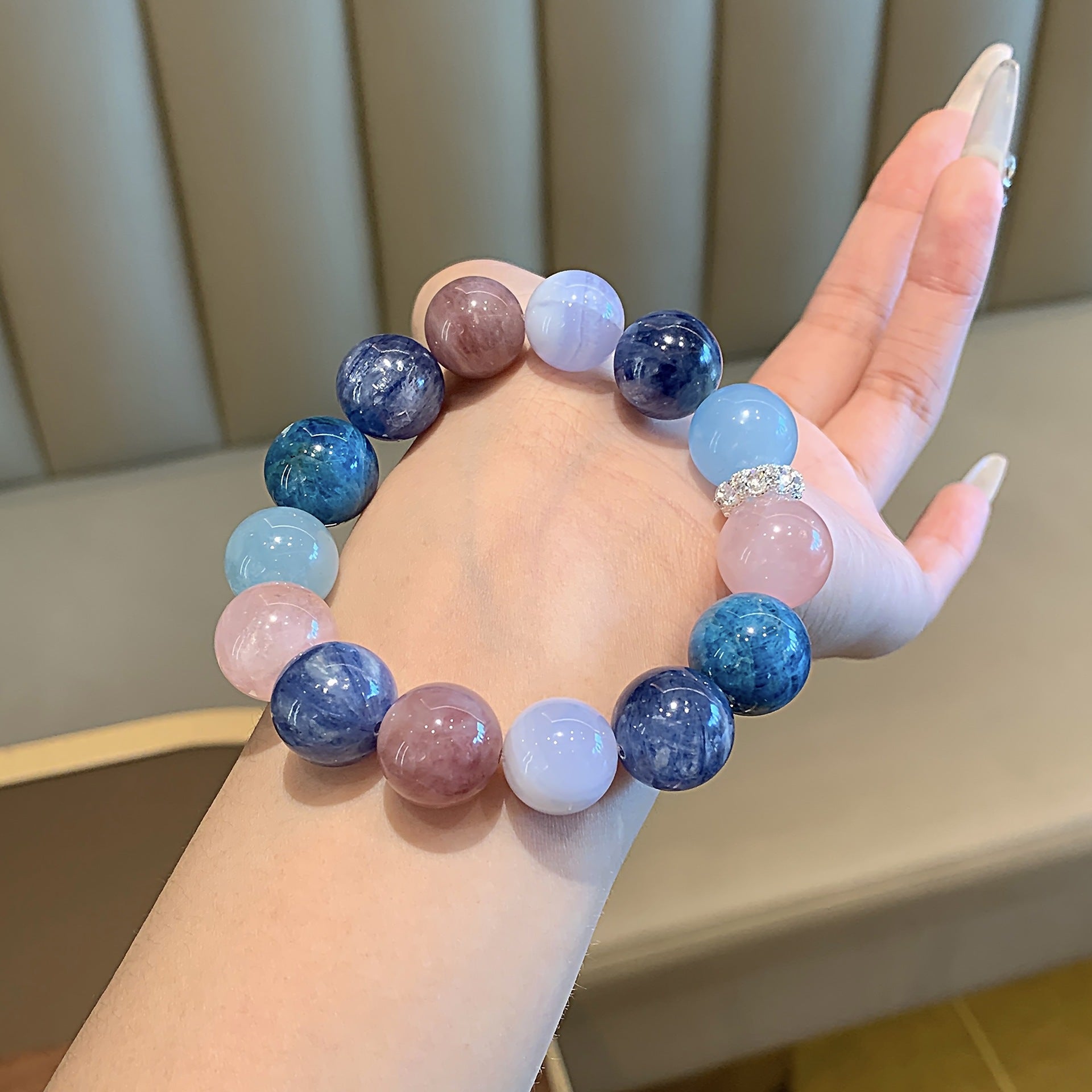 Natural Crystal Round Bead Multi-Gem Bracelet Creative Hand Jewelry Chain Matching Combination Energy Stone Aquamarine Crystal Bracelet