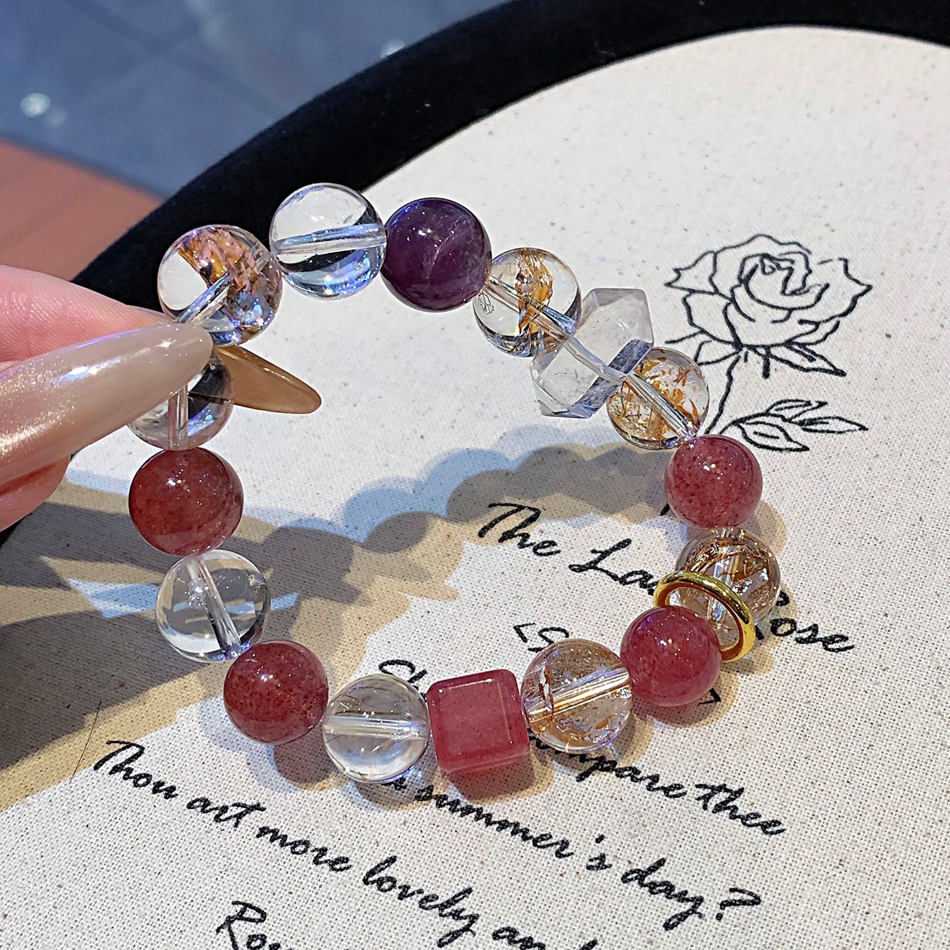 Natural Strawberry Crystal Multi-Gemstone Bracelet Fashionable Original Niche Design Exquisite Versatile High-End Feel Hand Jewelry