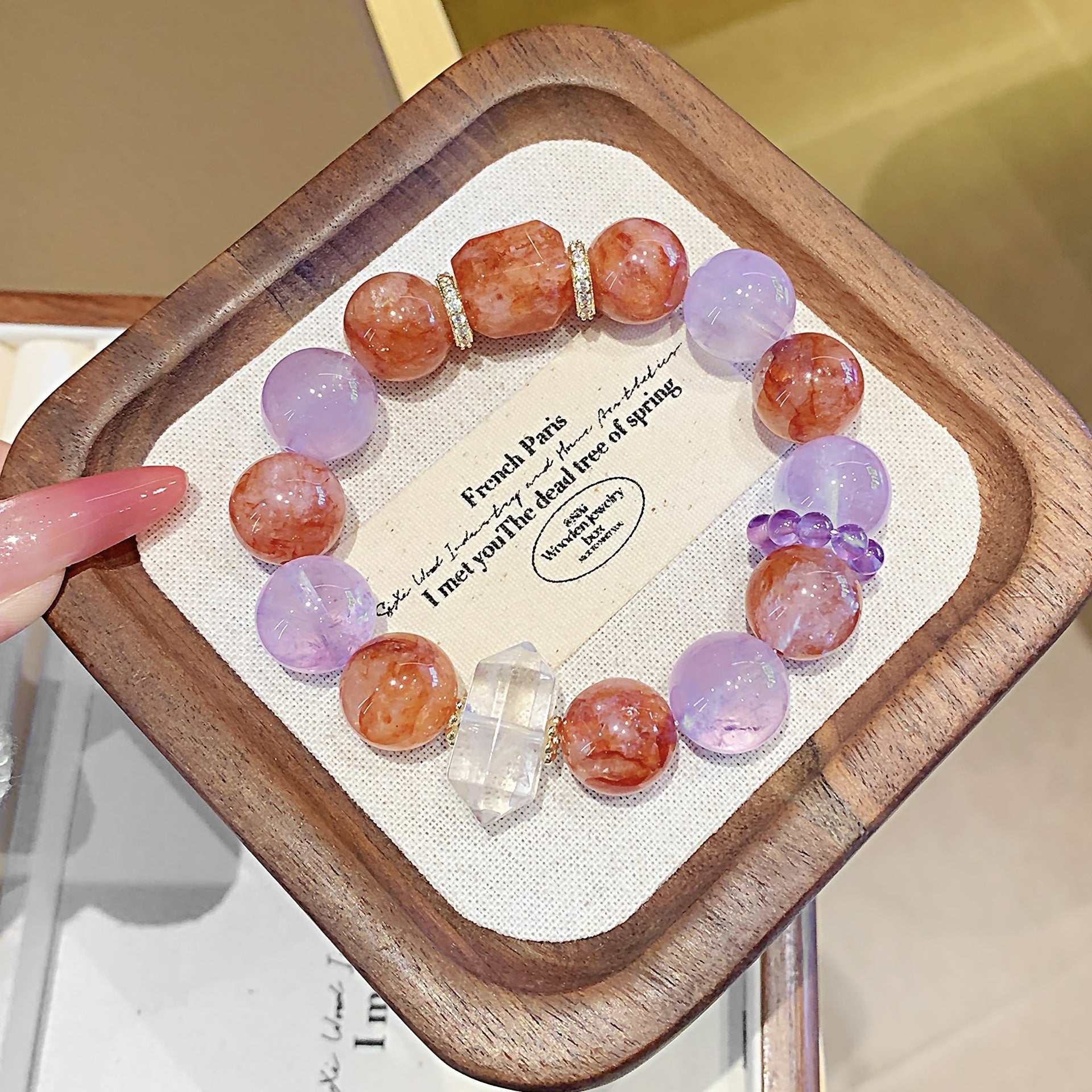 Natural Amethyst Large Bead Red Resin Flower Design Bracelet for Women Nine Purple Fire Bracelet Design Crystal Bracelet