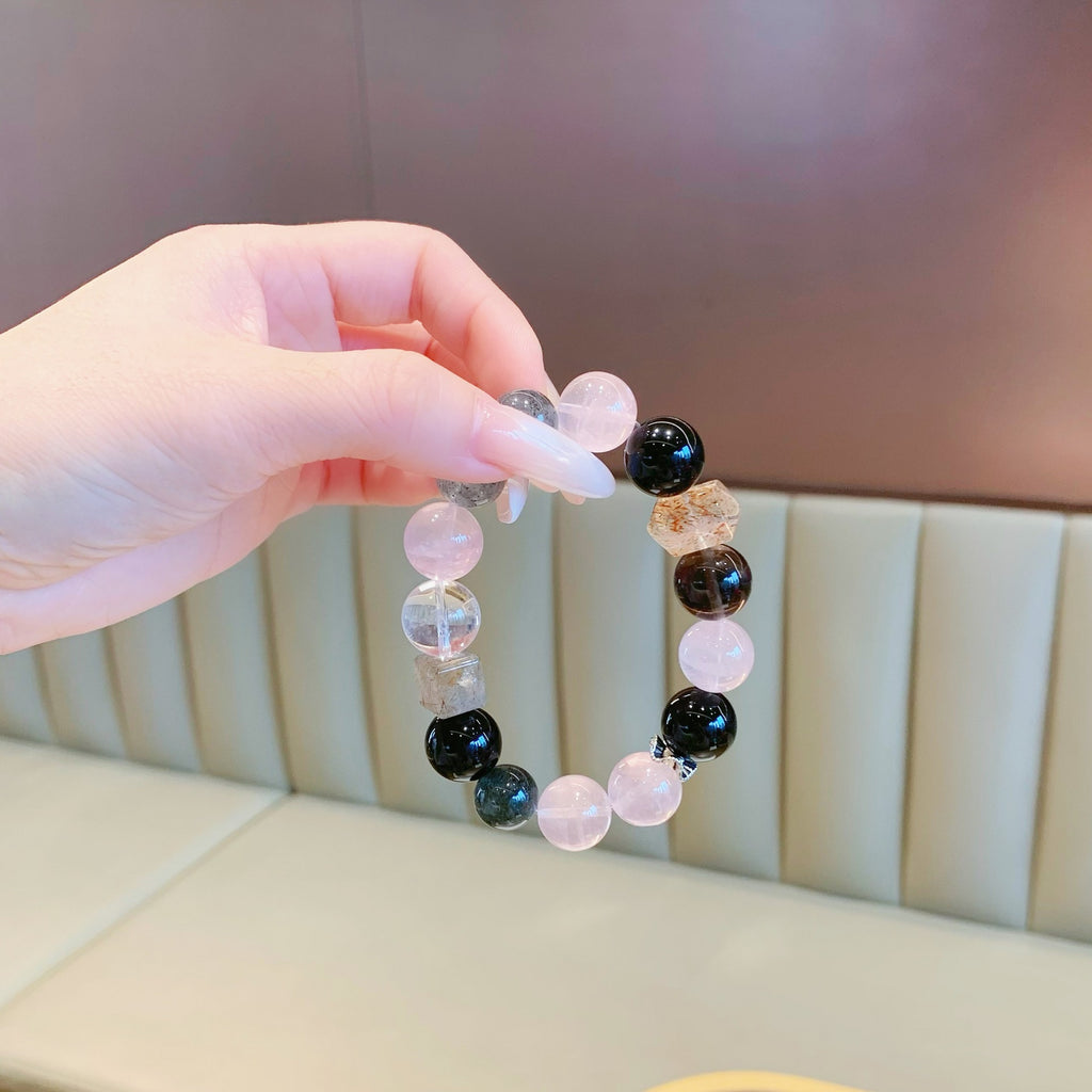 Natural Silver Obsidian Pink Crystal Couple Bracelet for Stable Relationships, Fortune Transfer, Lion Awakening Beaded Design, White Crystal Bracelet