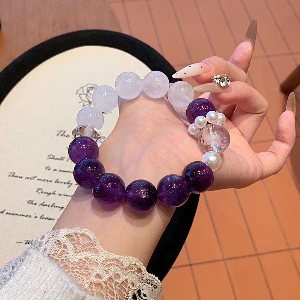 Large Particle Original Handmade12-14mm Natural Amethyst White Phantom Crystal Multi-Gemstone Bracelet Crystal Bracelet