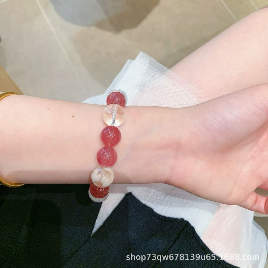 Mengzi Yi Same Style Crystal Bracelet Natural White Crystal and Cherry Blossom Agate Matching Hot-Selling Bracelet Crystal Bracelet