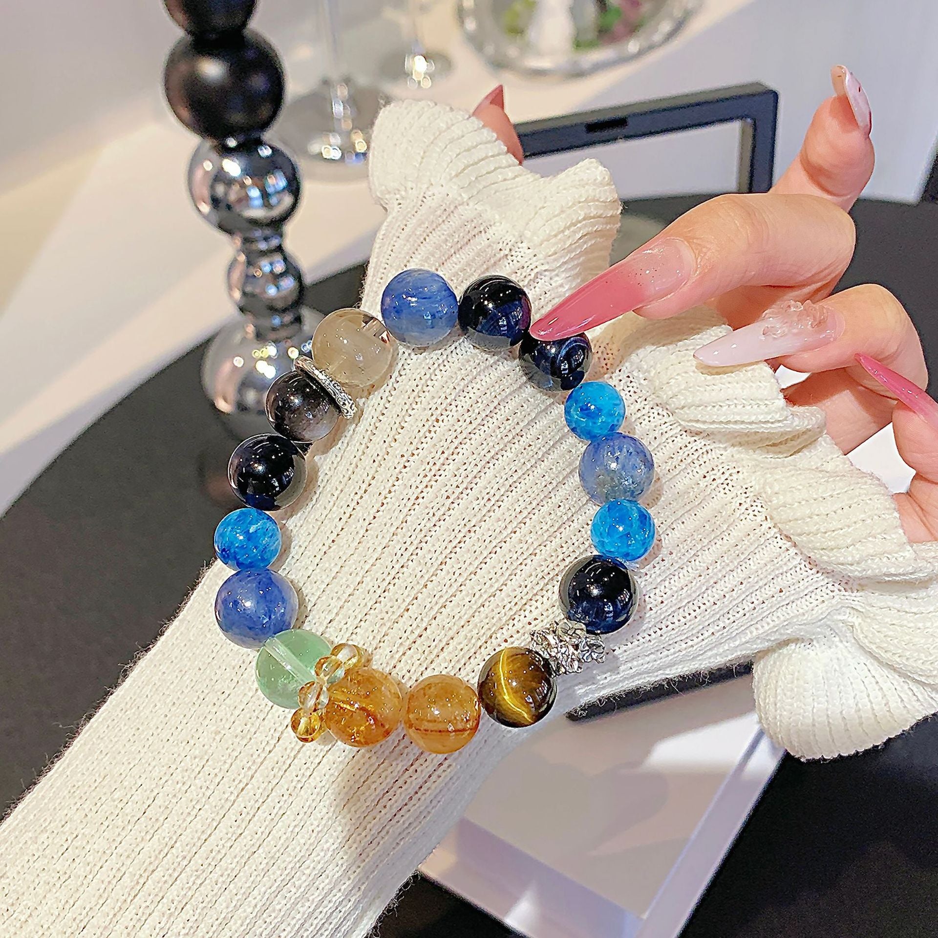 Natural Silver Obsidian Crystal Bracelet Women's Blue Crystal Fashion Versatile Elegant Bracelet Crystal Hand Jewelry Night Market Stall