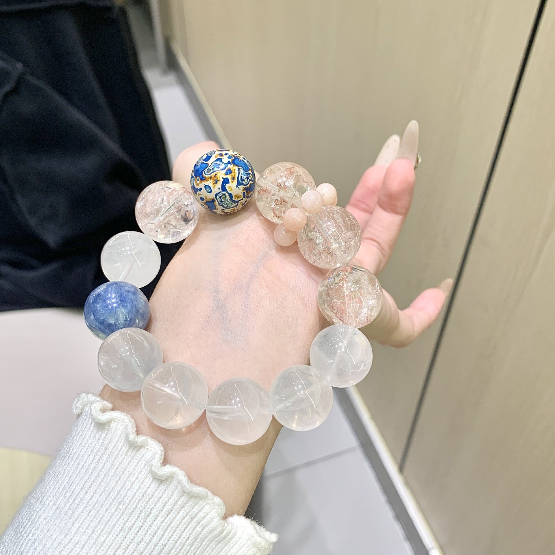 Natural Crystal Pink Crystal Ace Bracelet Original Design Double Ice Transparent Floral Fashion White Ghost Crystal Bracelet