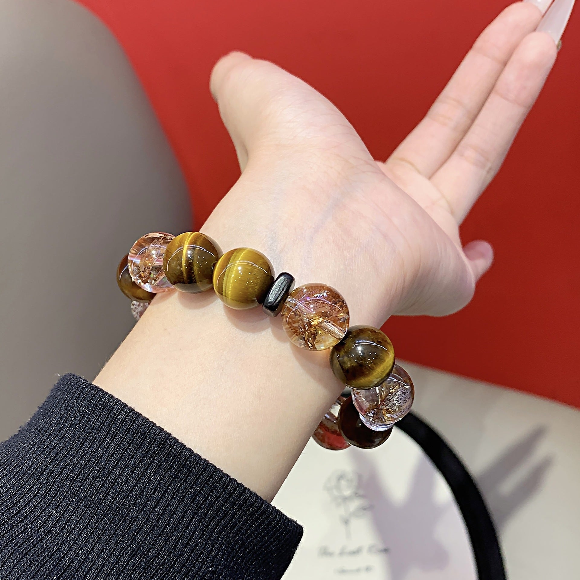Natural Yellow Tiger Eye Bracelet Pair with Gold Foil Explosion Original Design New Cross-Border Hot-Selling Bracelet Crystal Bracelet