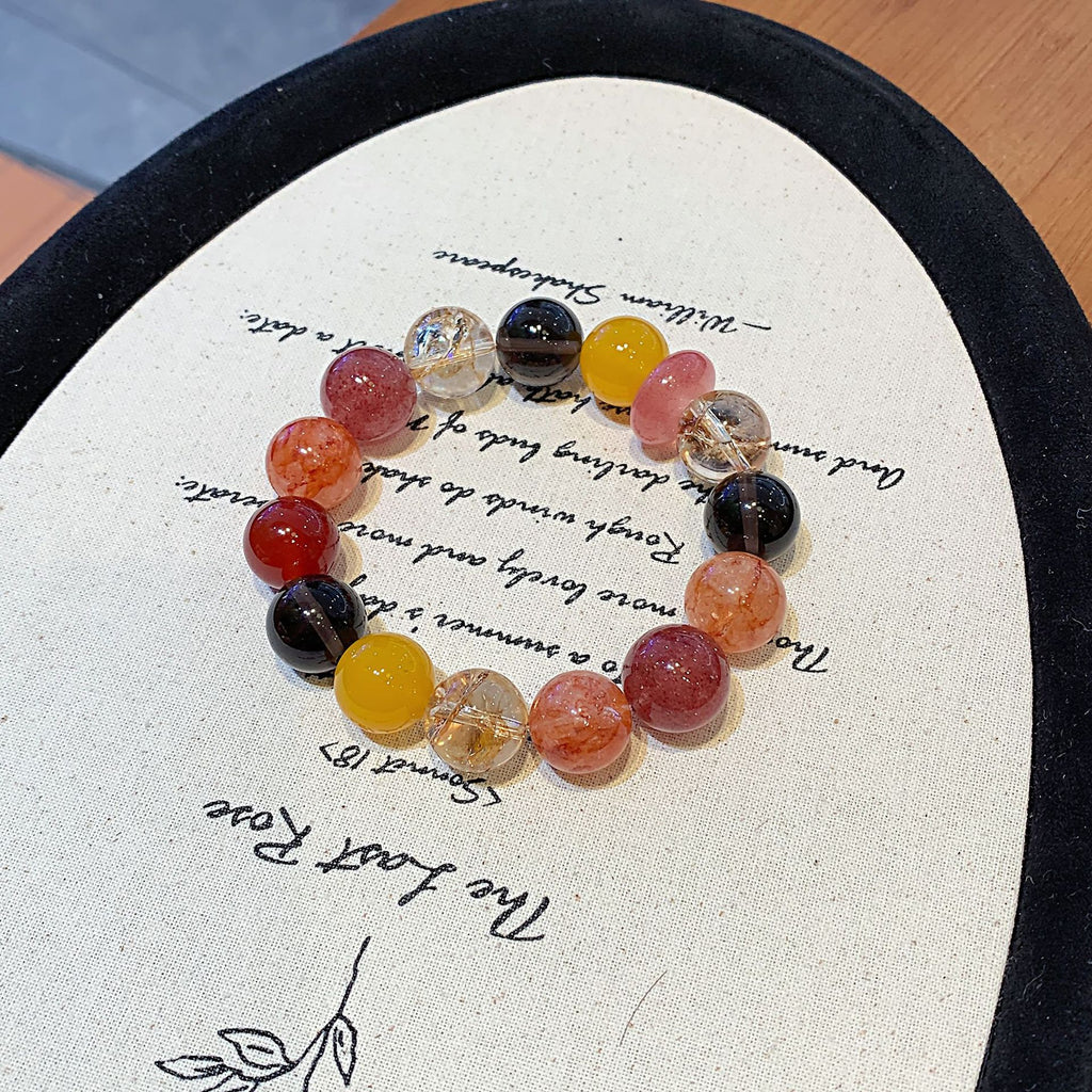 【Magnolia】Original Natural Strawberry Crystal with Gold Leaf Explosion Design Handmade Jewelry String Fashionable and Exquisite Bracelet