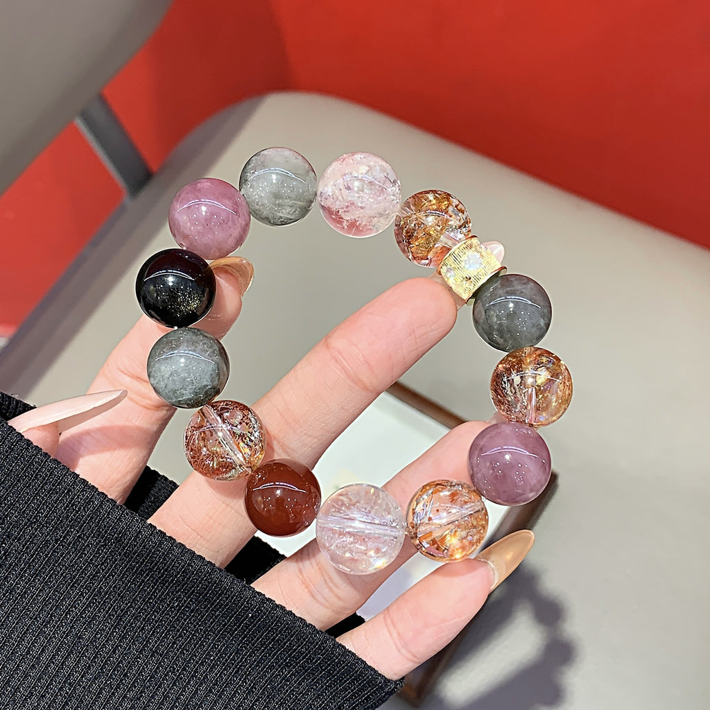 Natural Original Five Elements Crystal Round Bead Bracelet Crystal Transparent Multi-Gemstone Crystal Bracelet Gold Foil Explosion Bracelet
