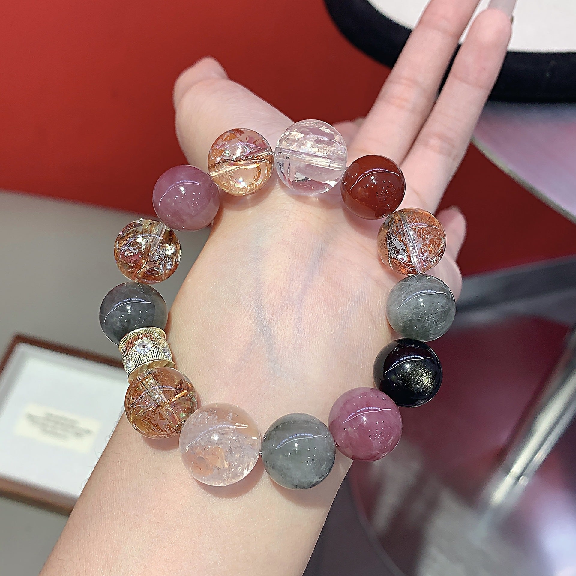 Natural Original Five Elements Crystal Round Bead Bracelet Crystal Transparent Multi-Gemstone Crystal Bracelet Gold Foil Explosion Bracelet