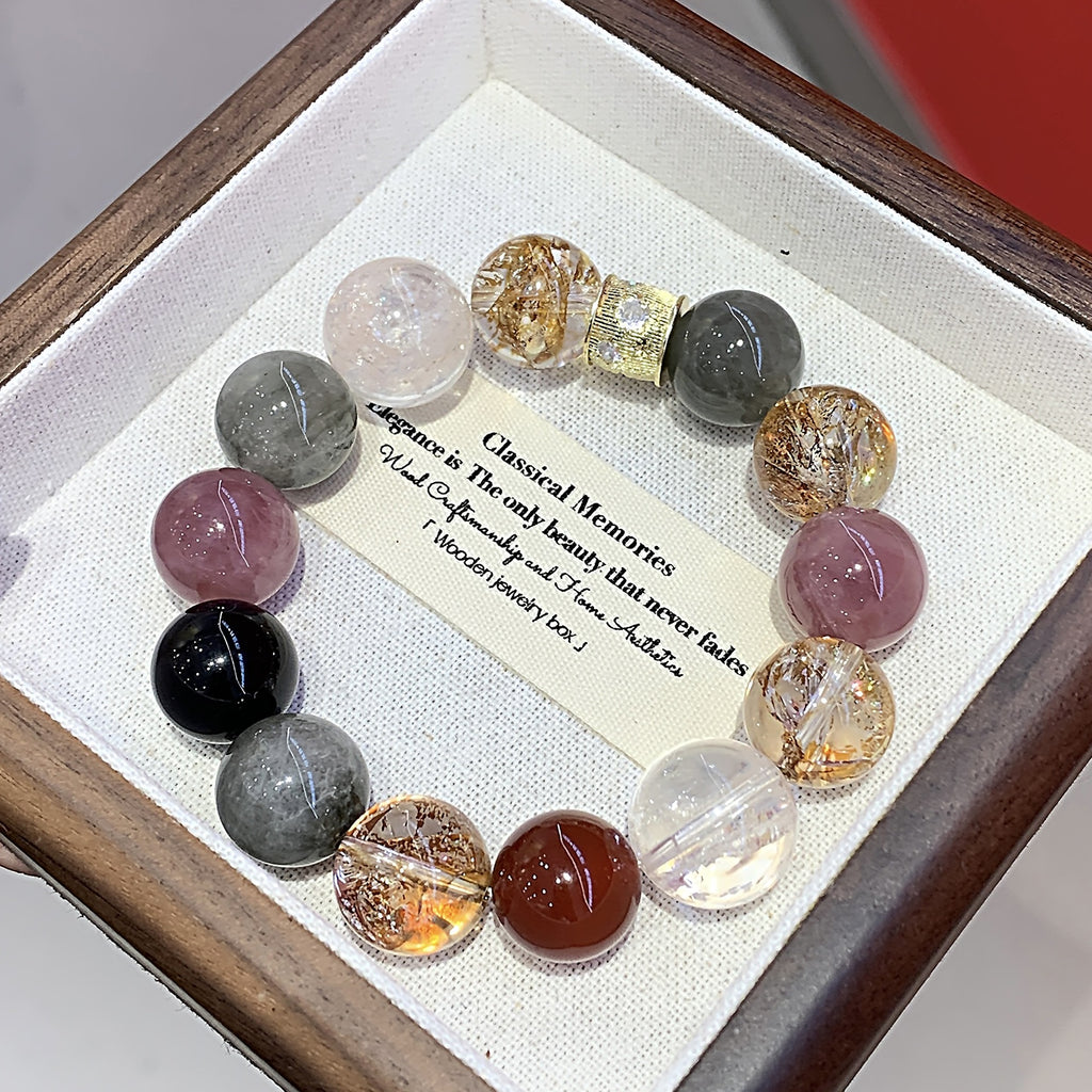 Natural Original Five Elements Crystal Round Bead Bracelet Crystal Transparent Multi-Gemstone Crystal Bracelet Gold Foil Explosion Bracelet
