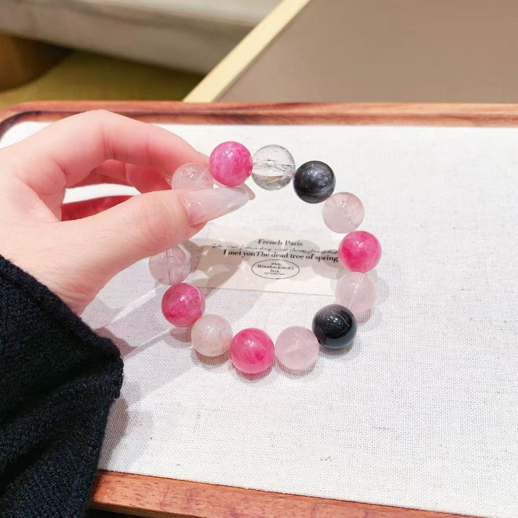 Gentle Pink Series DaZuobao Natural Pink Crystal Bracelet Large Particle Tea Obsidian White Crystal Women's Jewelry String