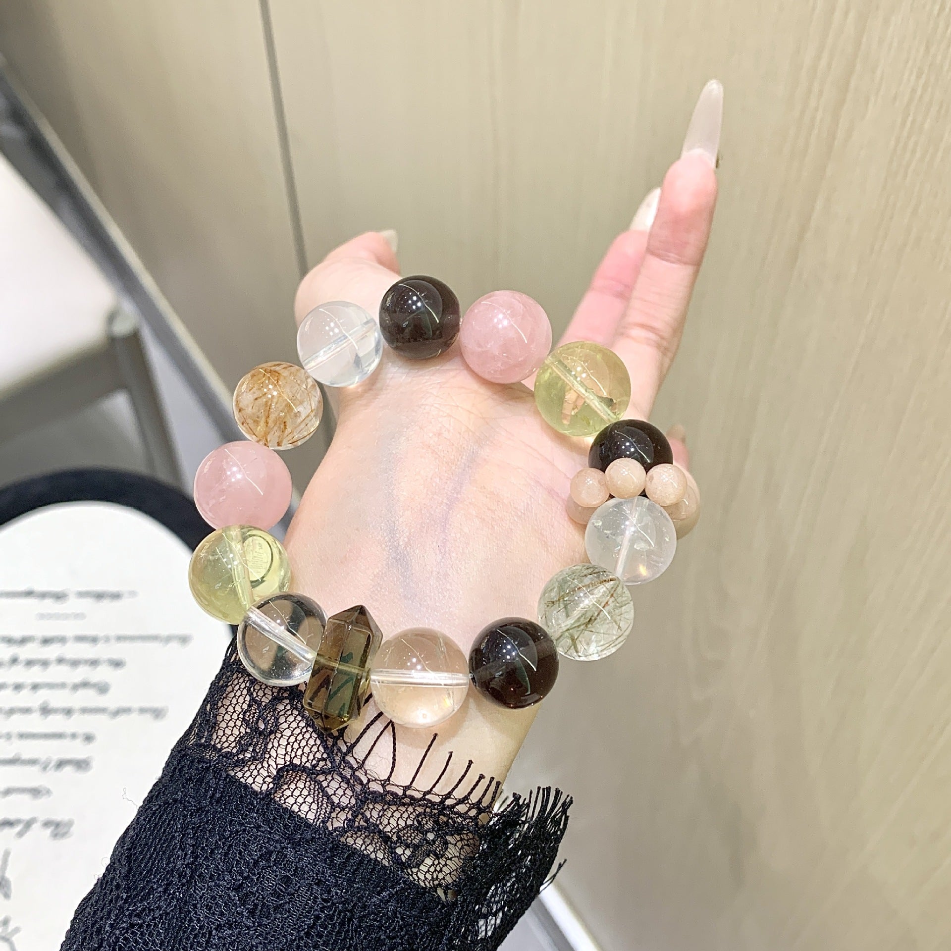 【Green Shadow】Original Natural Rose Quartz Tea Obsidian Lemon Quartz Vintage Design Bracelet Fashion Niche Women's Style