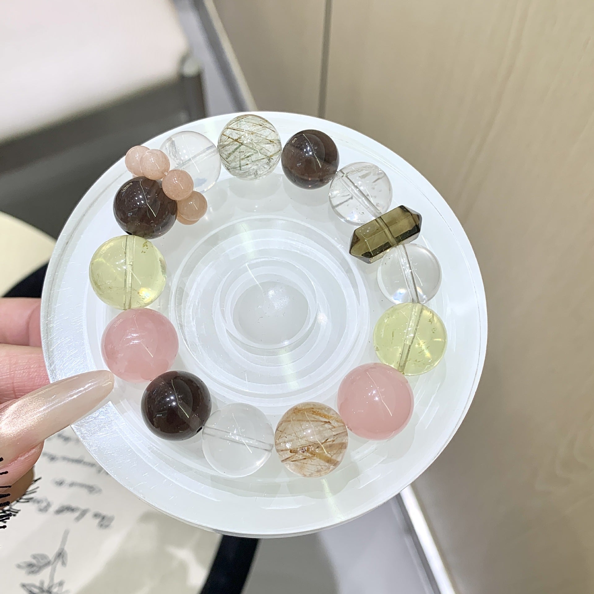 【Green Shadow】Original Natural Rose Quartz Tea Obsidian Lemon Quartz Vintage Design Bracelet Fashion Niche Women's Style