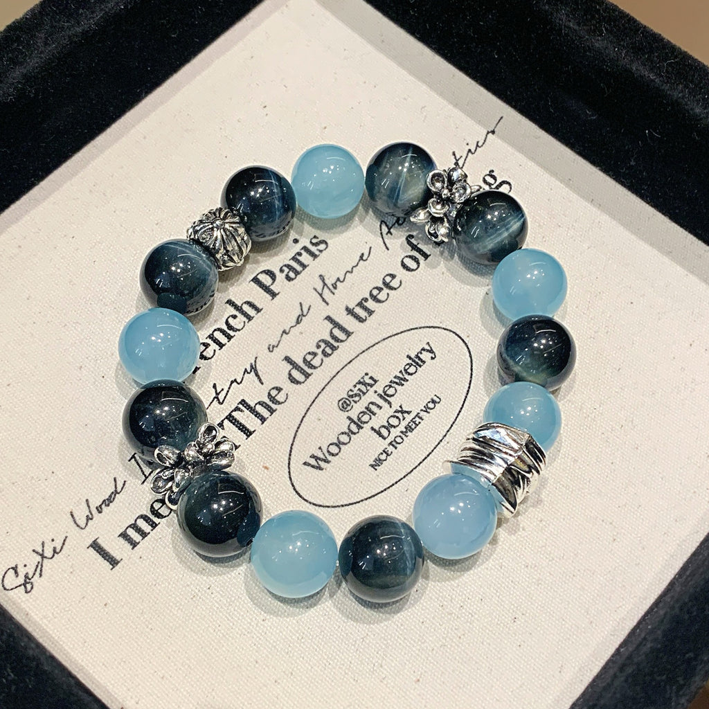 Junyu High-End Cool Style Natural Aquamarine Bracelet Blue Tiger Eye Bracelet Niche Design Aquamarine Bracelet