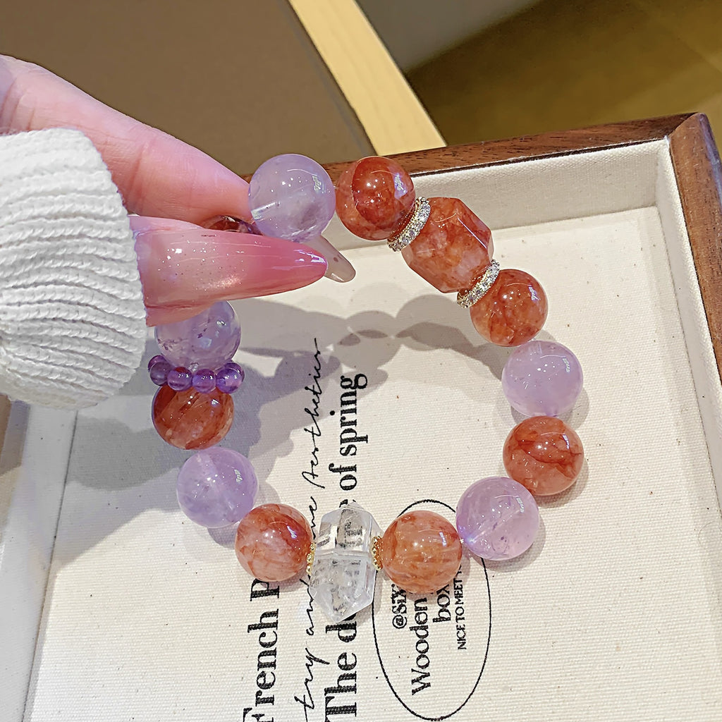 Natural Amethyst Large Bead Red Resin Flower Design Bracelet for Women Nine Purple Fire Bracelet Design Crystal Bracelet