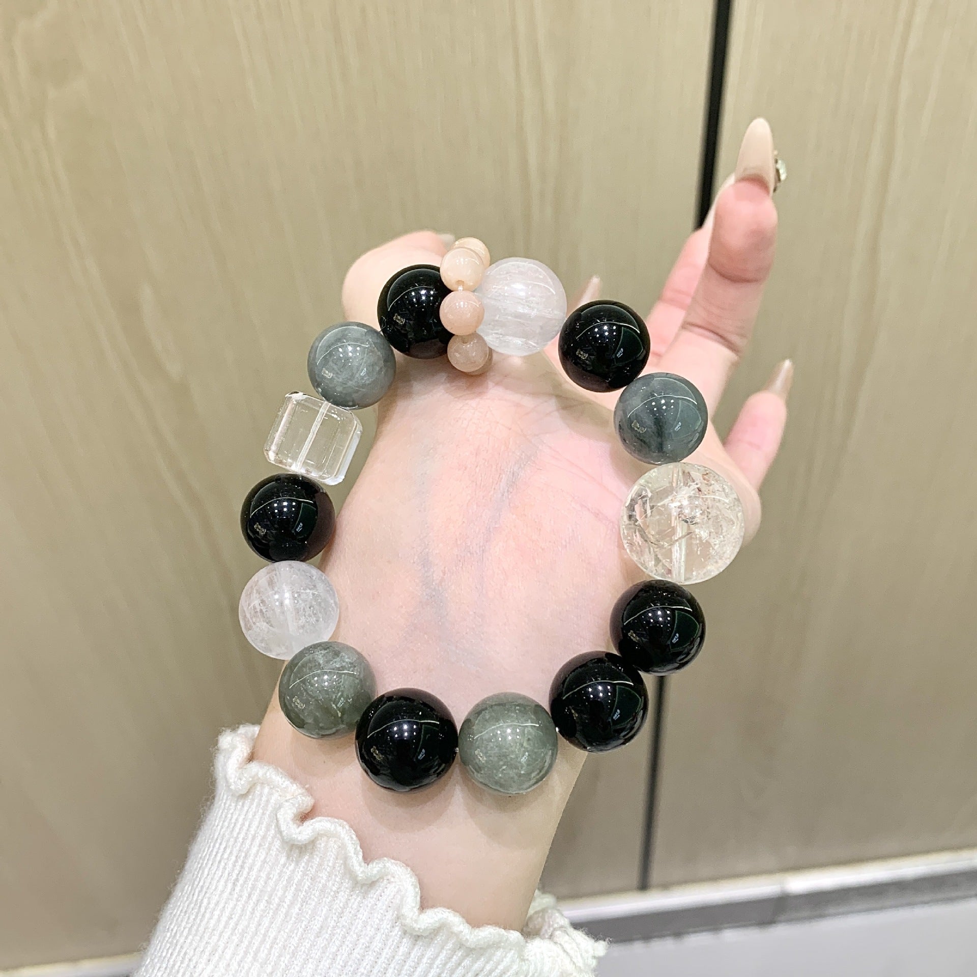 Natural Crystal Bracelet Gray rabbit fur paired with obsidian original design New Year gift Ketang Crystal Factory