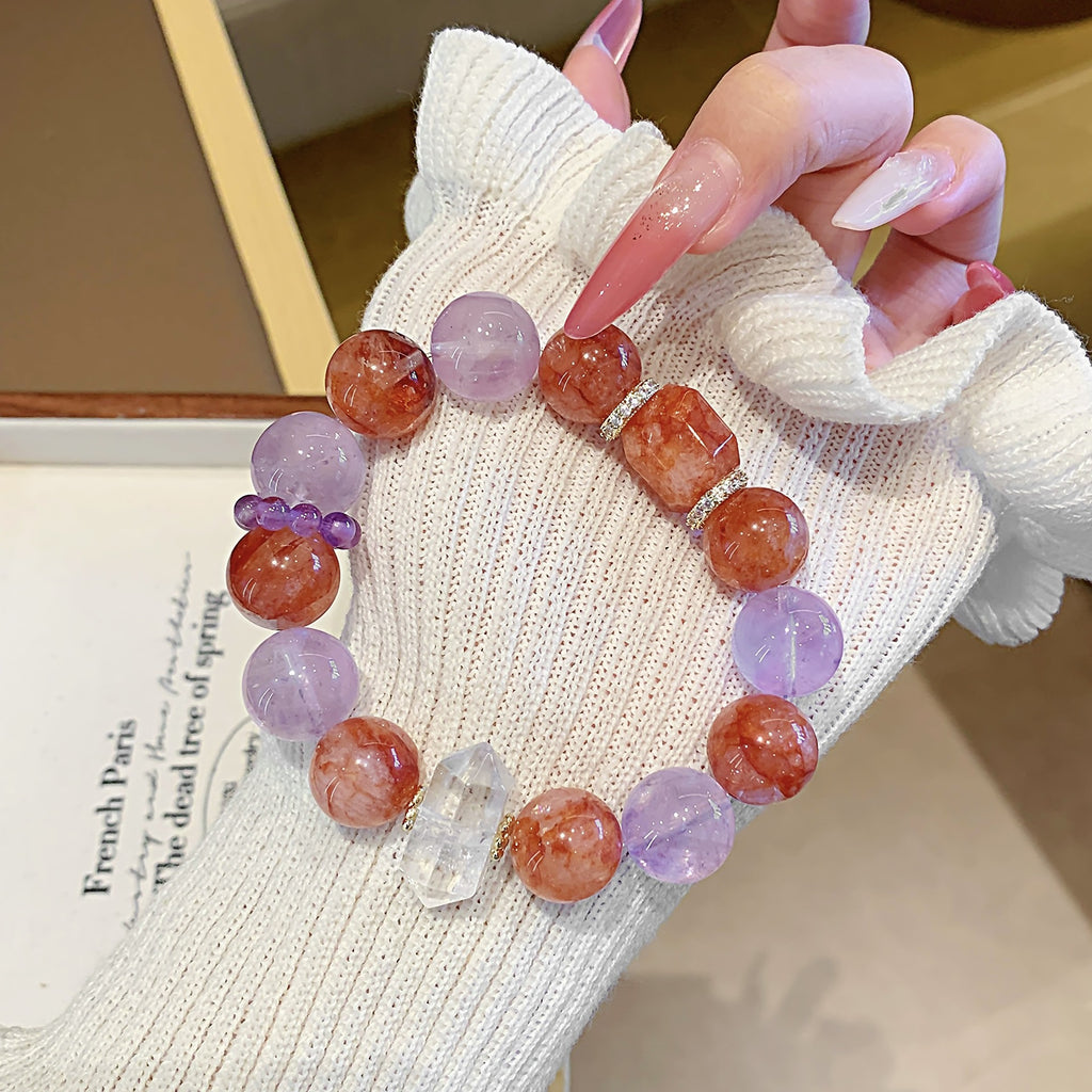 Natural Amethyst Large Bead Red Resin Flower Design Bracelet for Women Nine Purple Fire Bracelet Design Crystal Bracelet