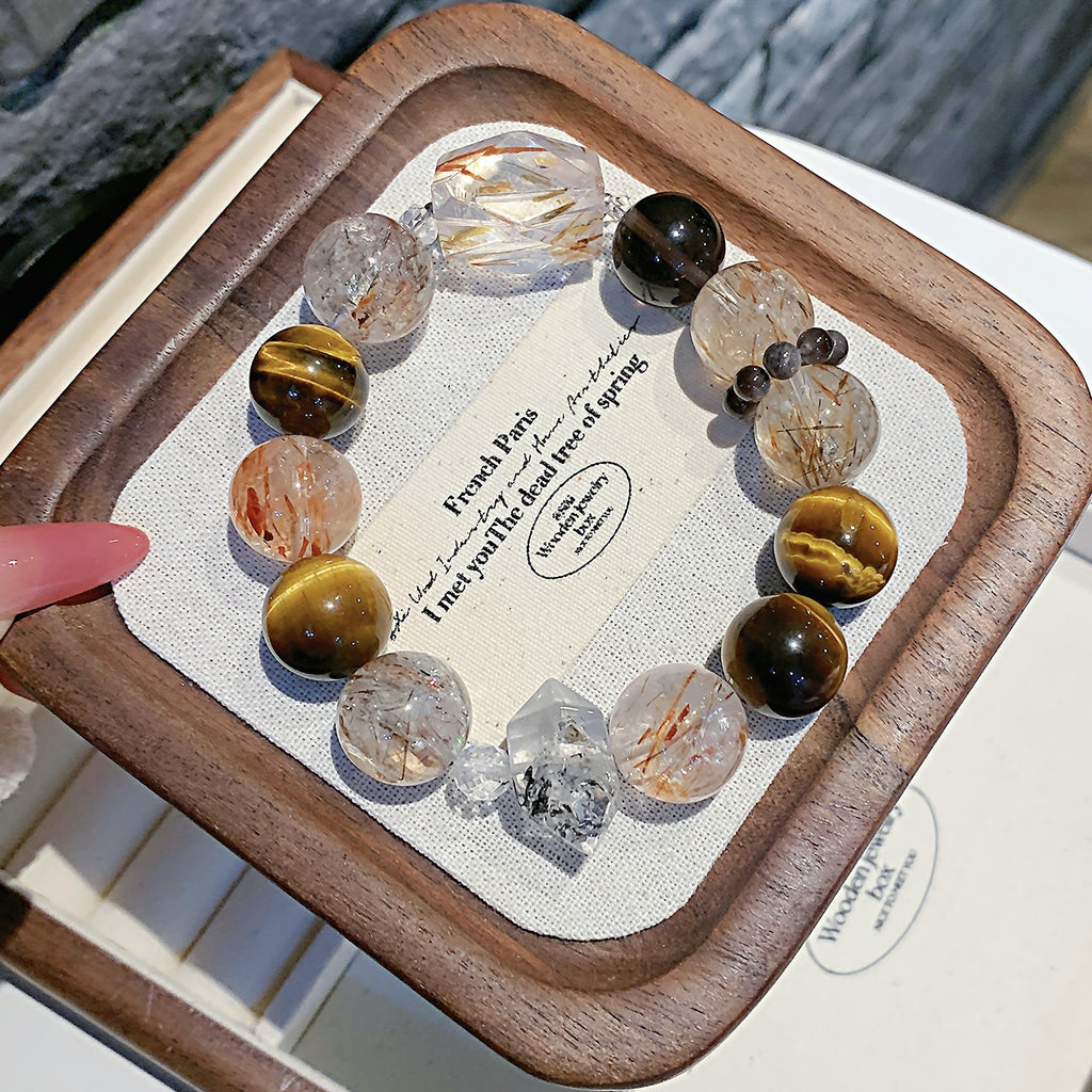 Natural Multi-Gemstone Crystal Beaded Bracelet Women's Black Gold Super Seven Bracelet Fortune Bracelet Crystal Bracelet Design