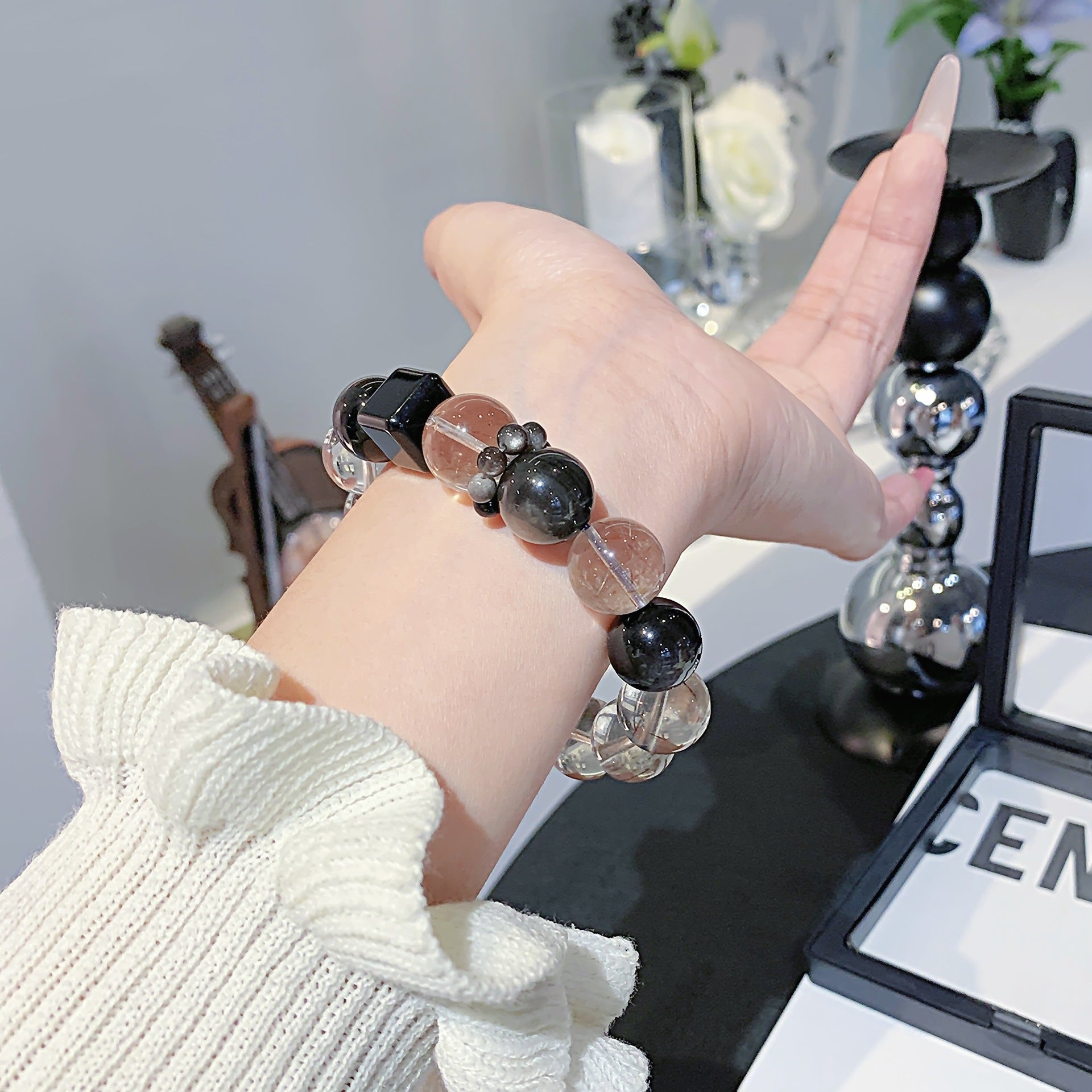 Natural Crystal Silver Crystal Design Bracelet Large Particle Smoky Quartz Crystal Bracelet Crystal Hand Jewelry diy