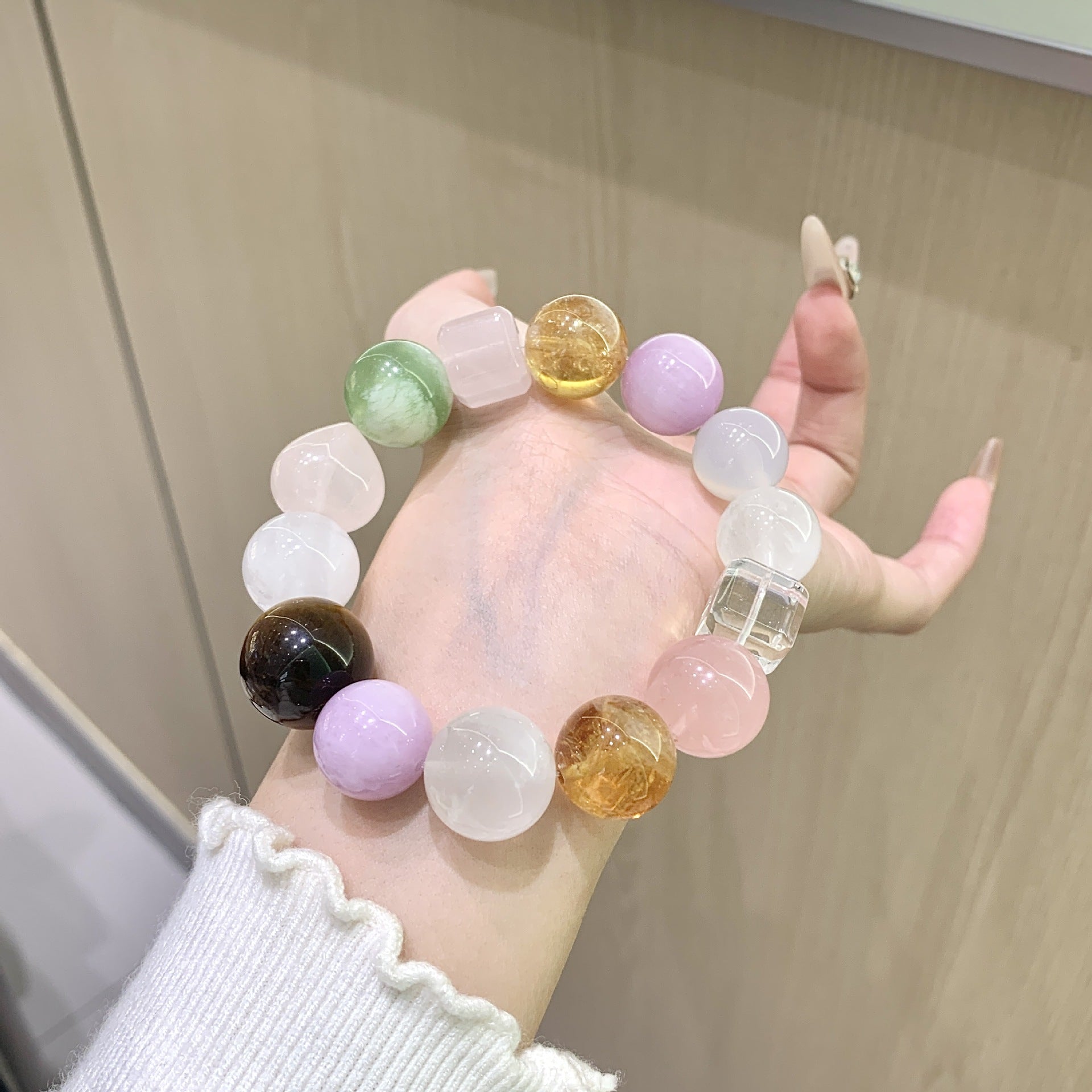 Natural Rainbow Multi-Gemstone Crystal Bracelet White Ghost Xiuyan Jade Yellow Crystal Pink Crystal Amethyst Bracelet Crystal Bracelet