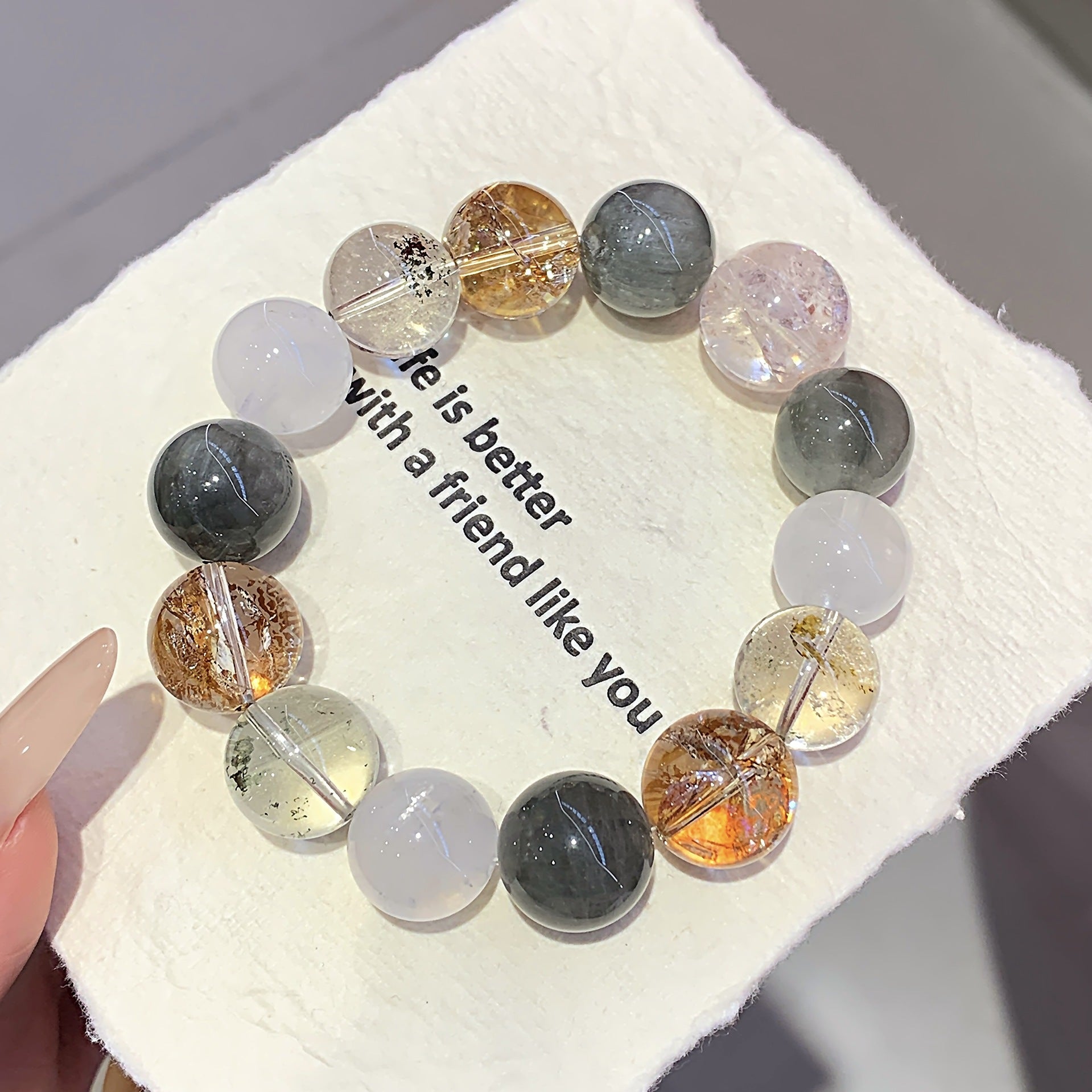 【North Sea Forest Island】Natural Gold Leaf Explosion Crystal Hand Jewelry String Whitening Versatile White Ghost White Crystal Bracelet