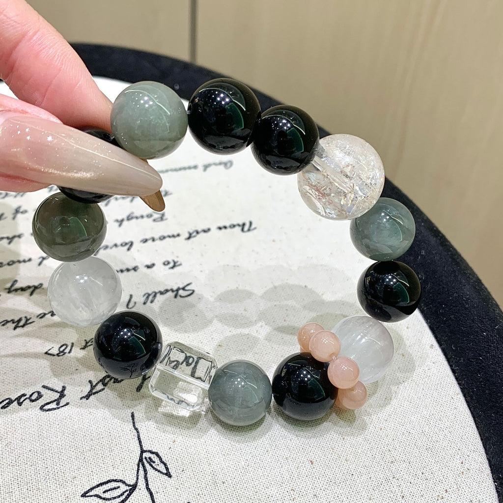 Natural Crystal Bracelet Gray rabbit fur paired with obsidian original design New Year gift Ketang Crystal Factory