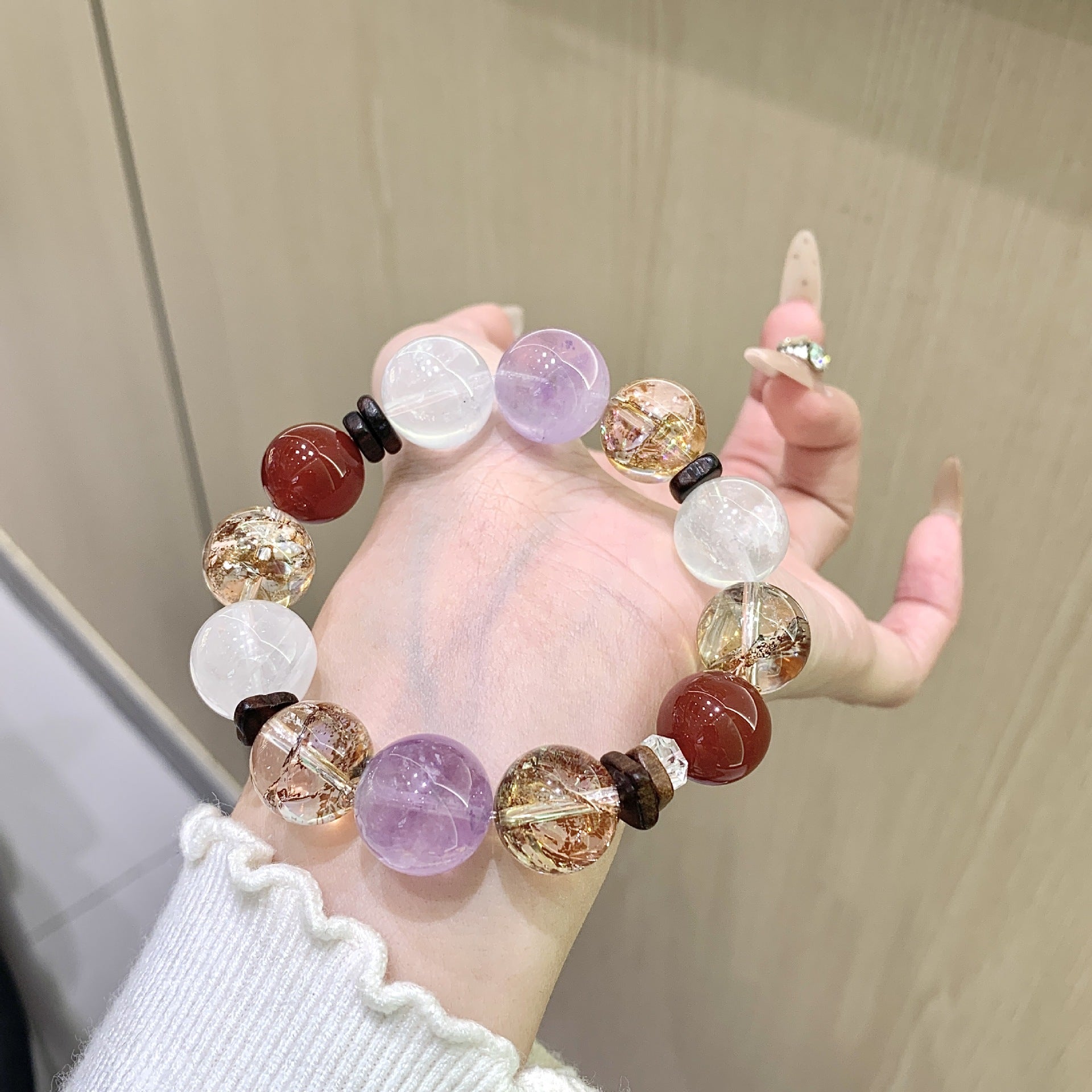 Natural Amethyst Bracelet White Ghost Premium Bracelet for Women, Rose Design, Wealth Attraction and Luck Improvement Gold Foil Glue Flower Crystal String