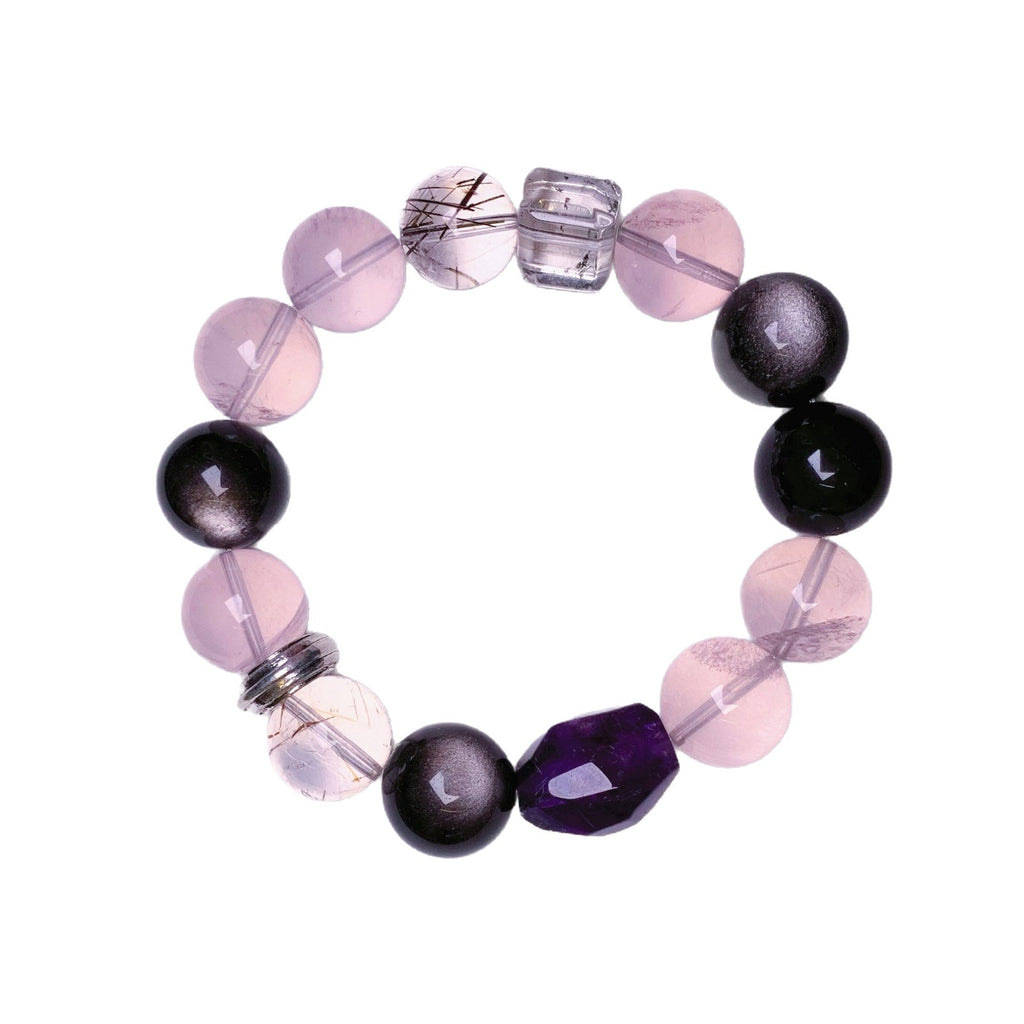 Natural Crystal Bracelet Original Design Pink Crystal with Obsidian Freeform Amethyst Crystal Bracelet